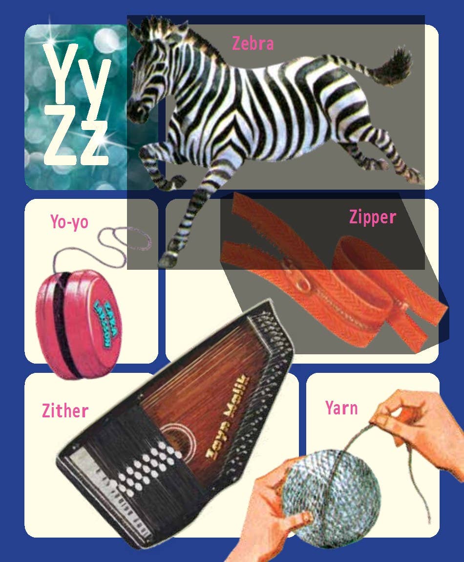 Educational flashcards with images and names of a zebra, yo-yo, zipper, zither, and yarn.