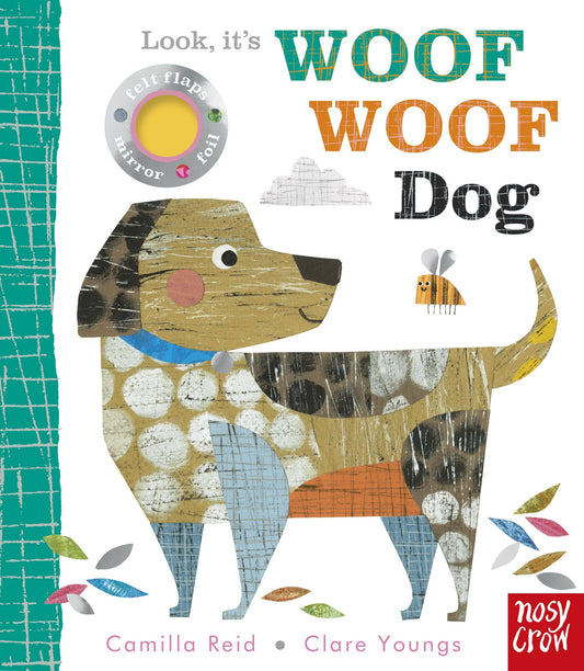 Book cover of 'Woof Woof Dog' with a colorful dog illustration and flaps.