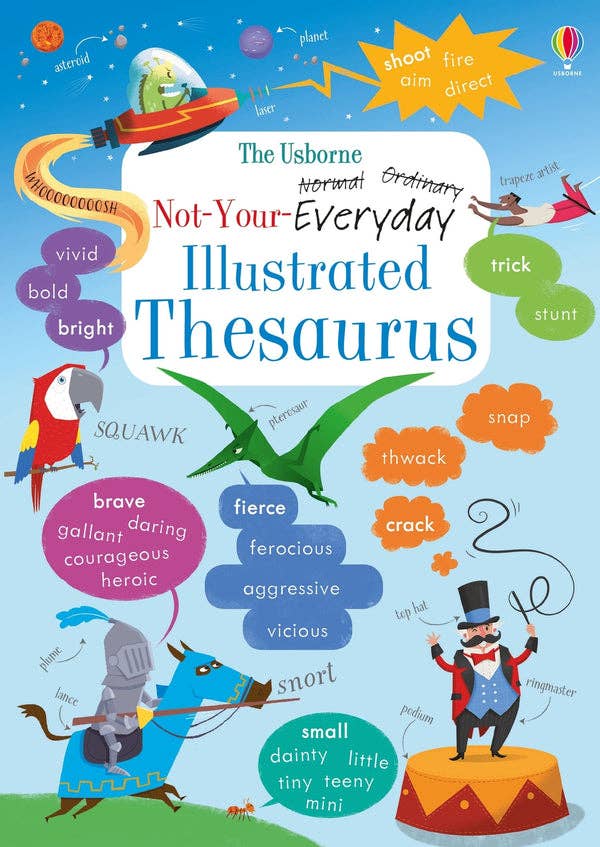Illustrated Thesaurus book cover with colorful illustrations and text