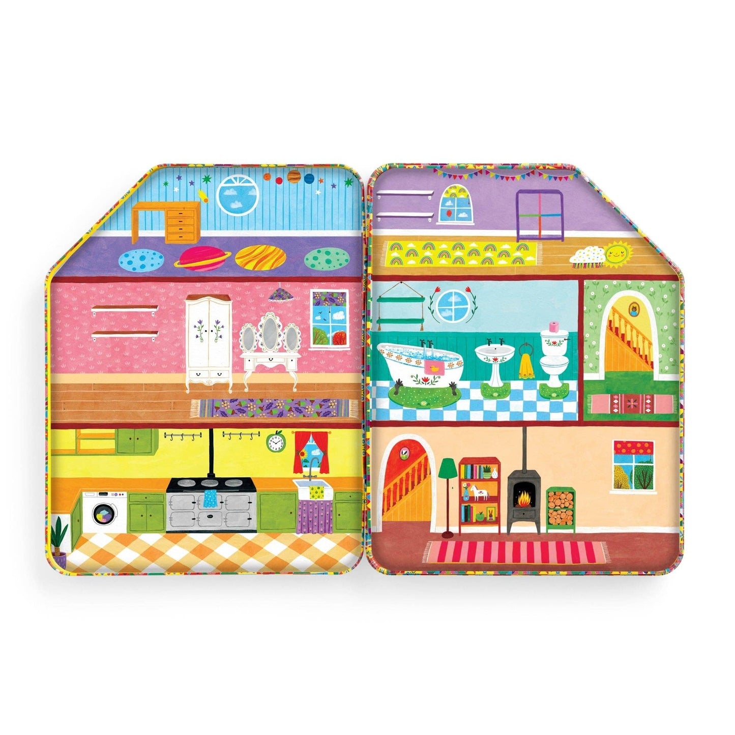 Colorful tin magnetic box shaped like a house with various rooms and furniture on a white background