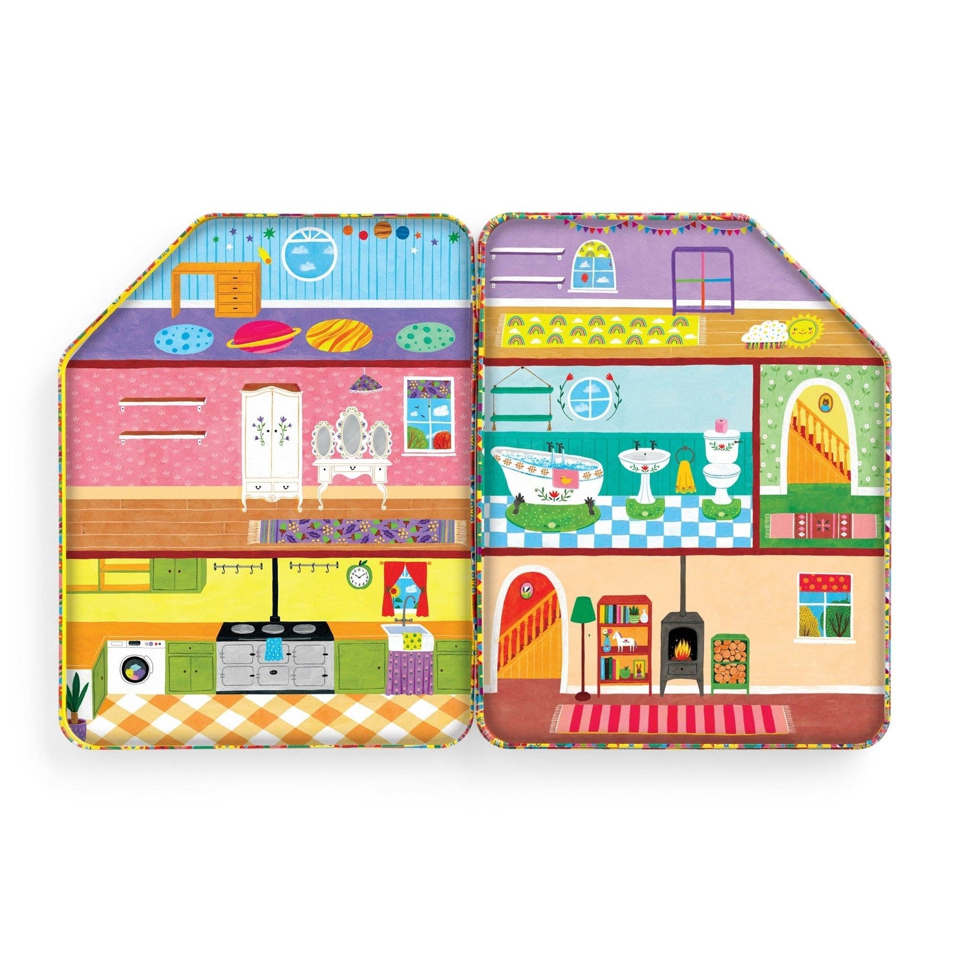 Colorful tin magnetic box shaped like a house with various rooms and furniture on a white background