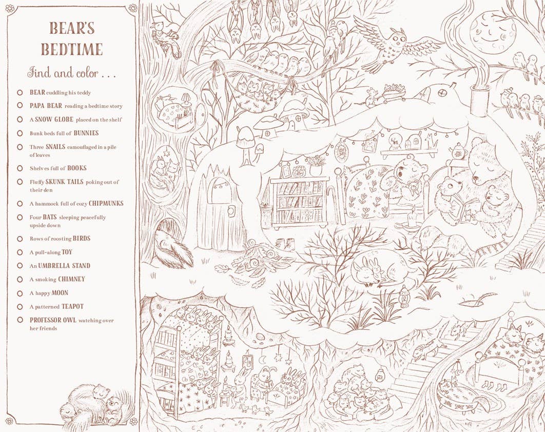 Coloring page with intricate line art of a bear's bedtime scene in a forest.