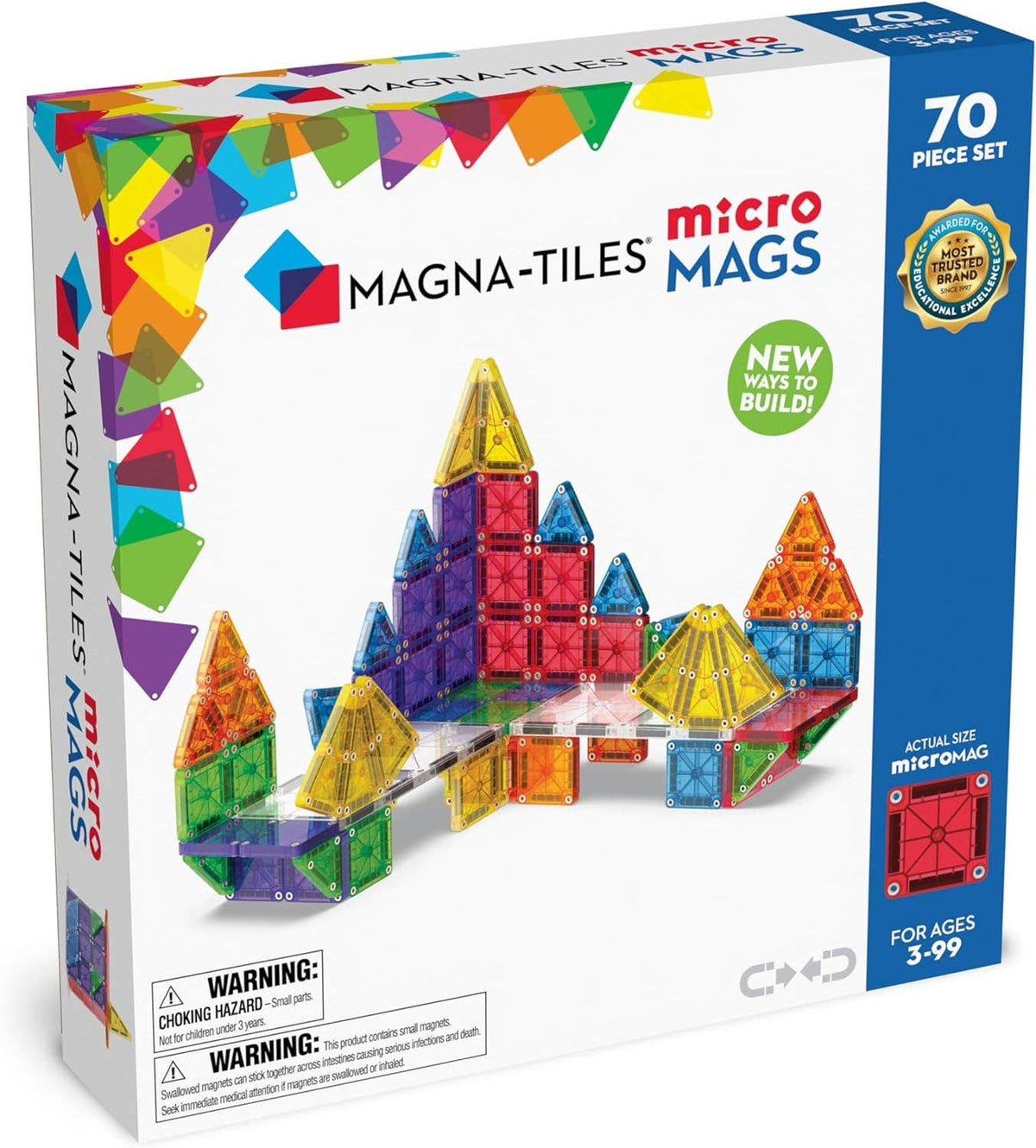 Magna-Tiles Micro Mags toy set packaging with colorful magnetic building blocks on a white background.