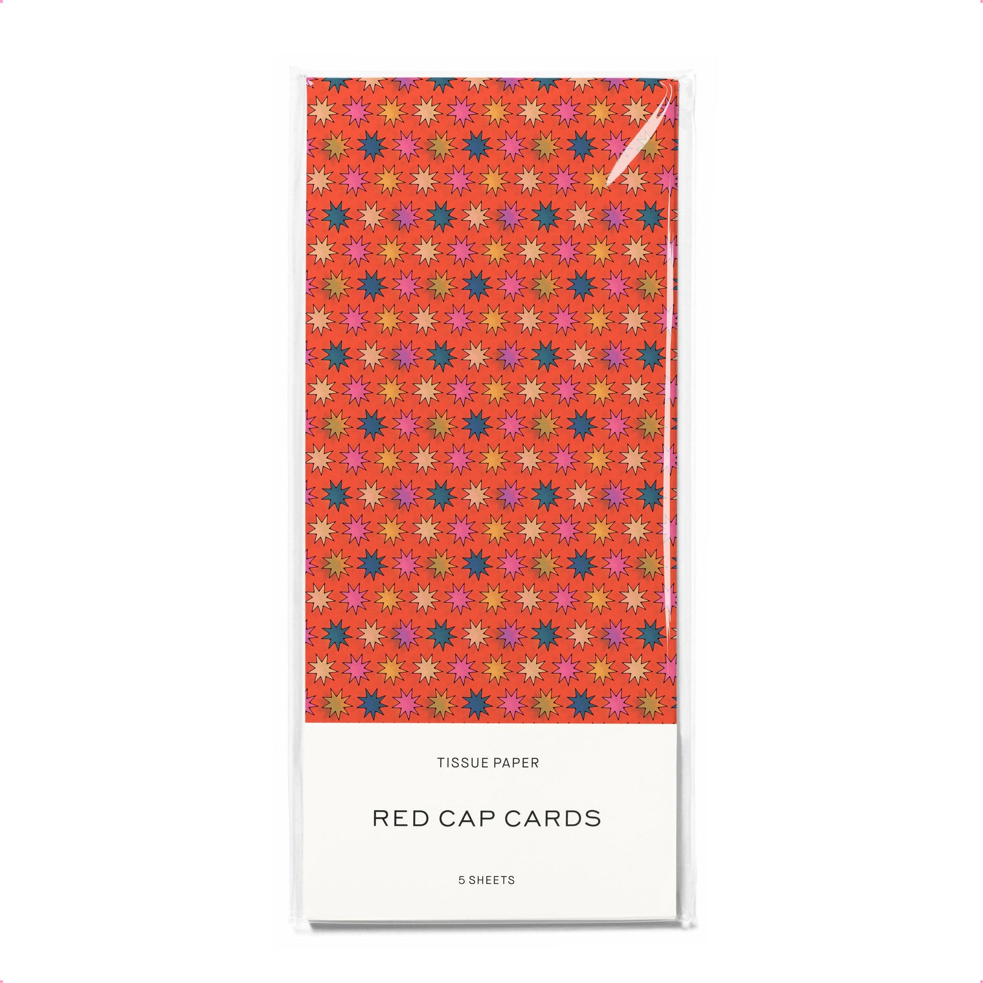 Pack of tissue paper with colorful star pattern on a white background