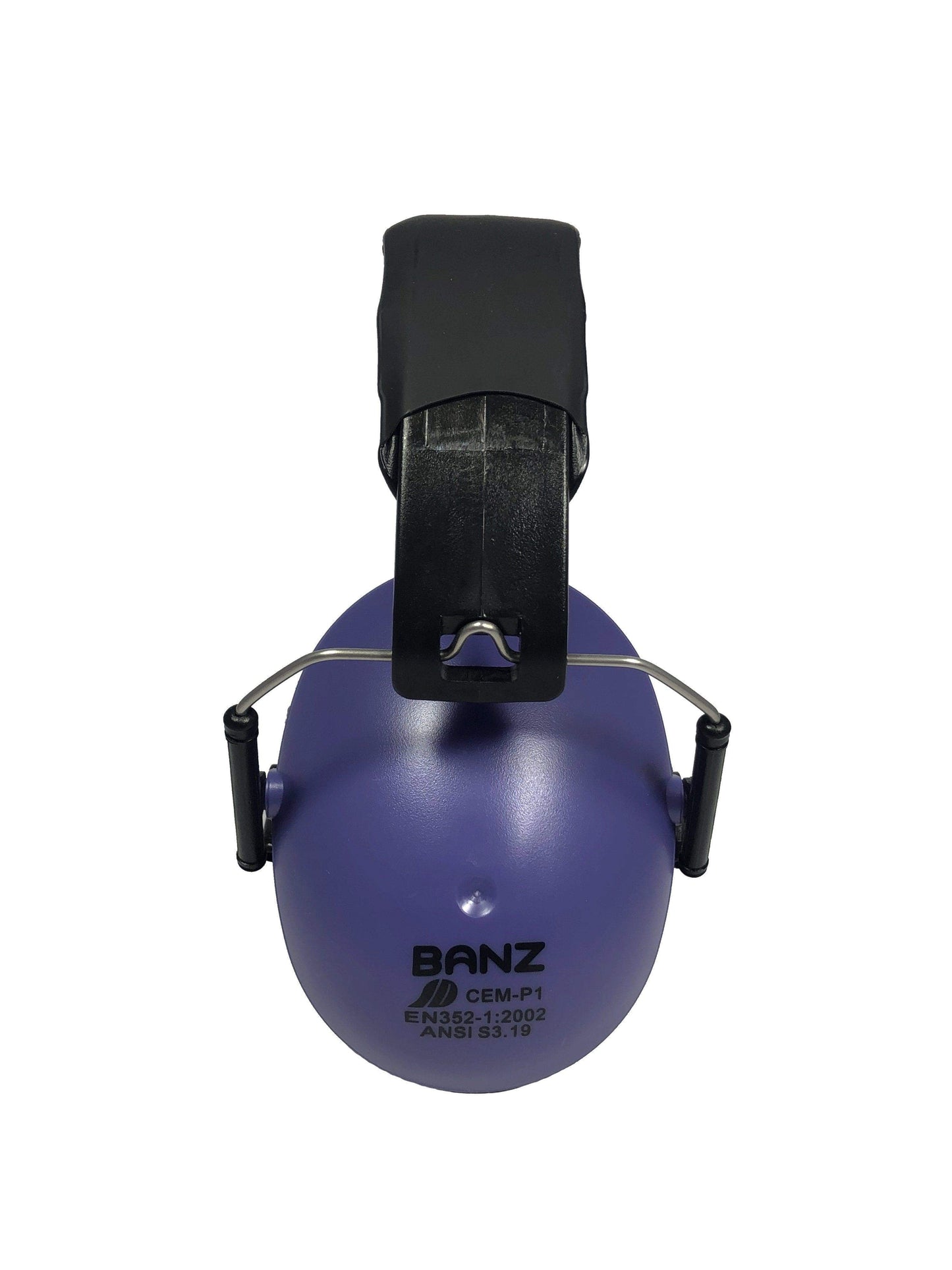 Royal blue kids safety headphones with black clip on a white background
