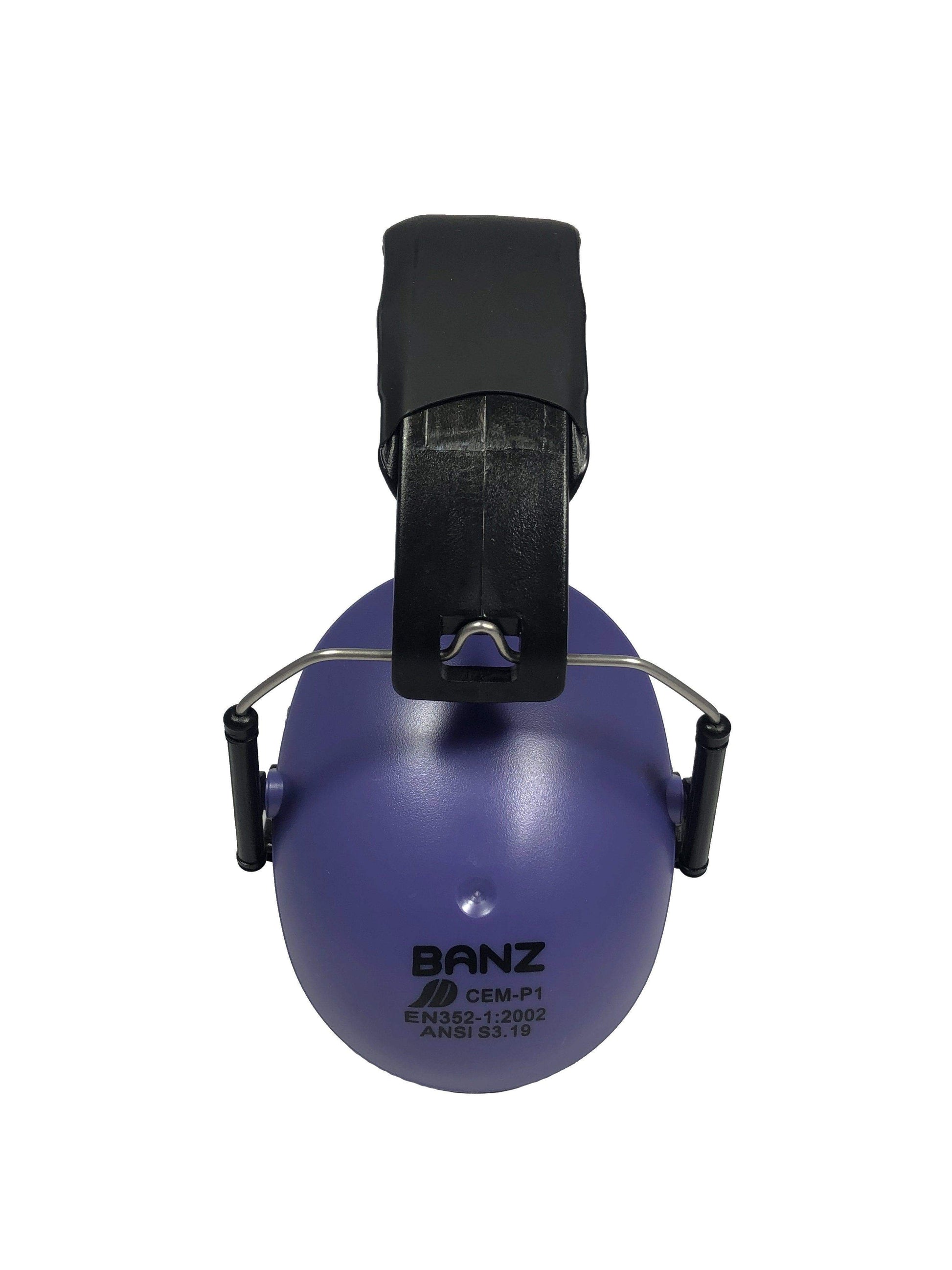 Royal blue kids safety headphones with black clip on a white background