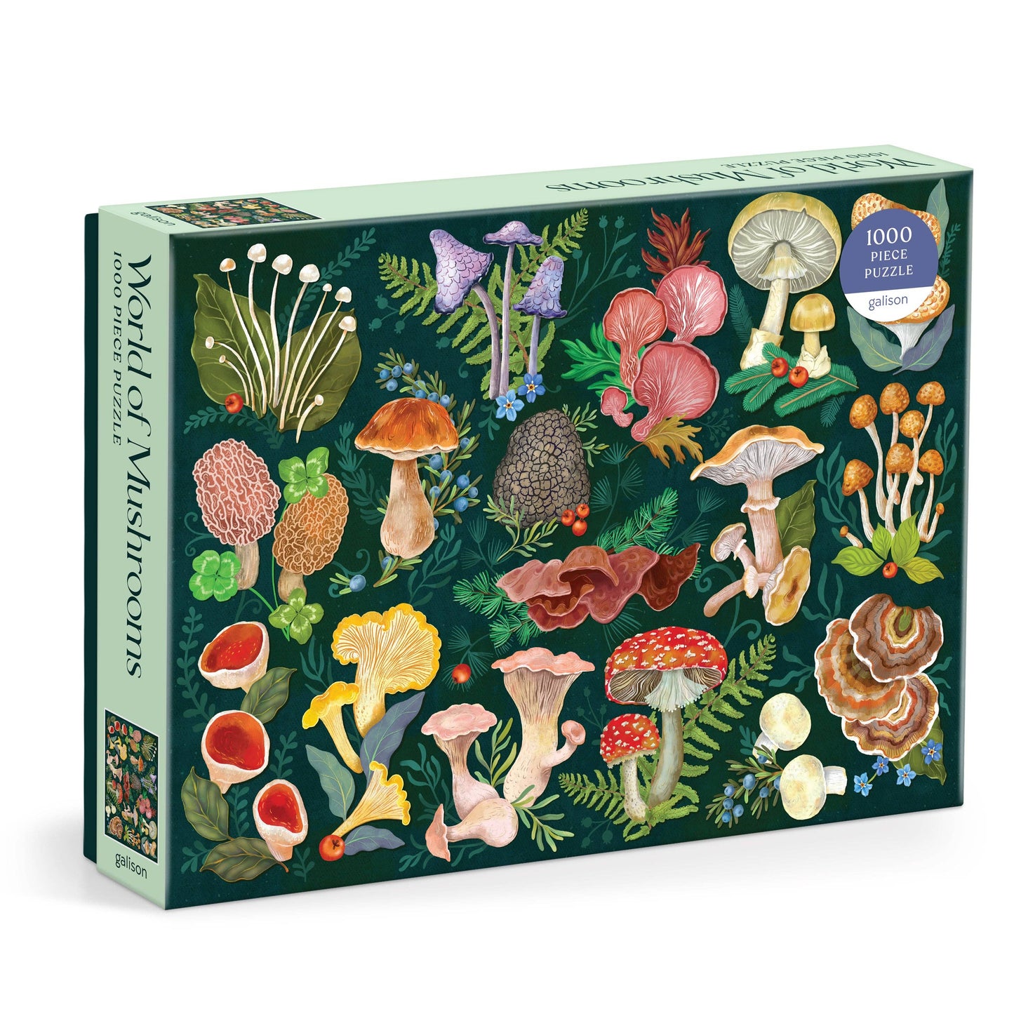 Jigsaw puzzle box featuring illustrations of various mushrooms and plants on a dark green background.