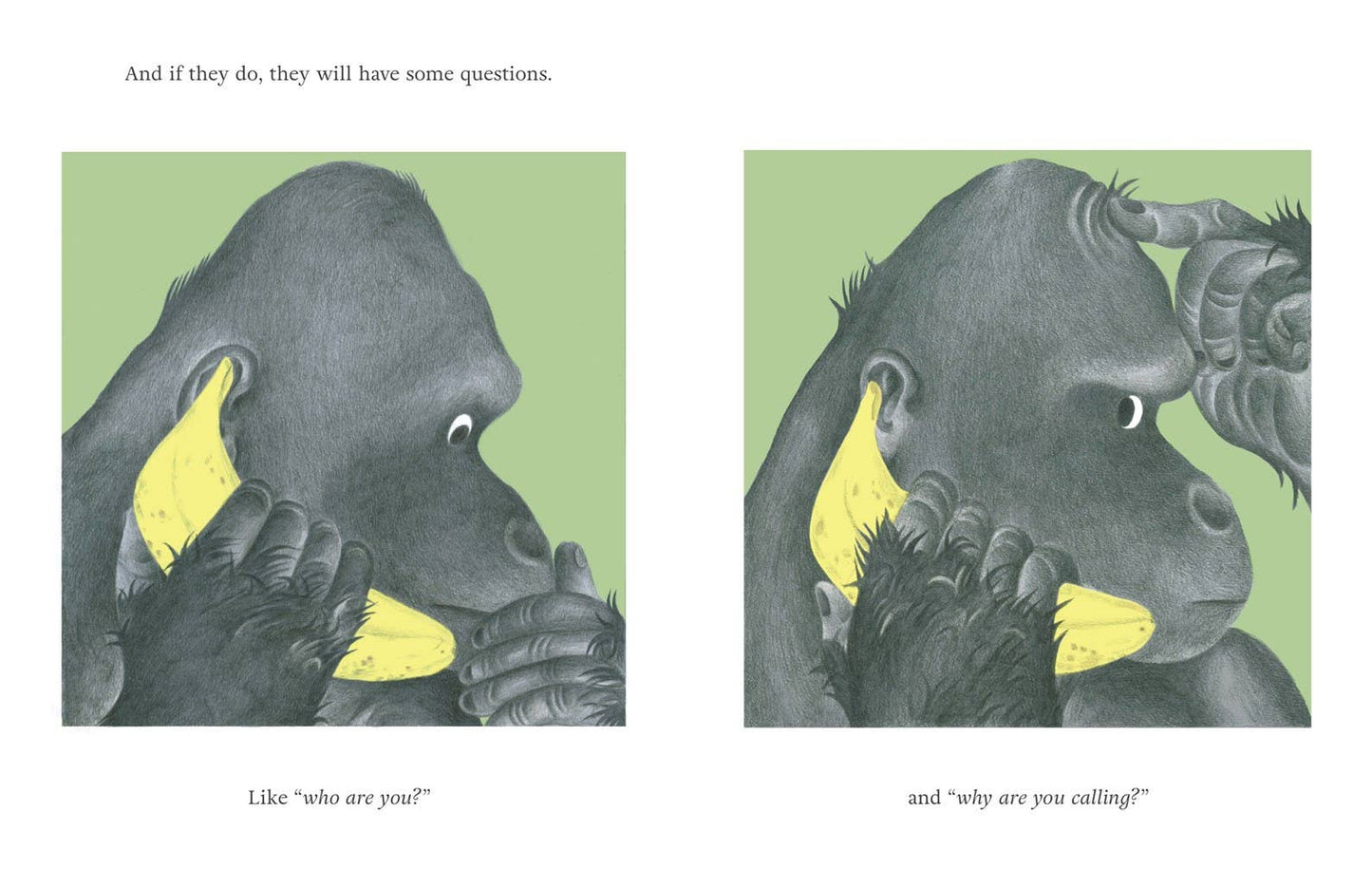 Illustration of a gorilla holding a yellow banana up to its ear like a telephone on a green background