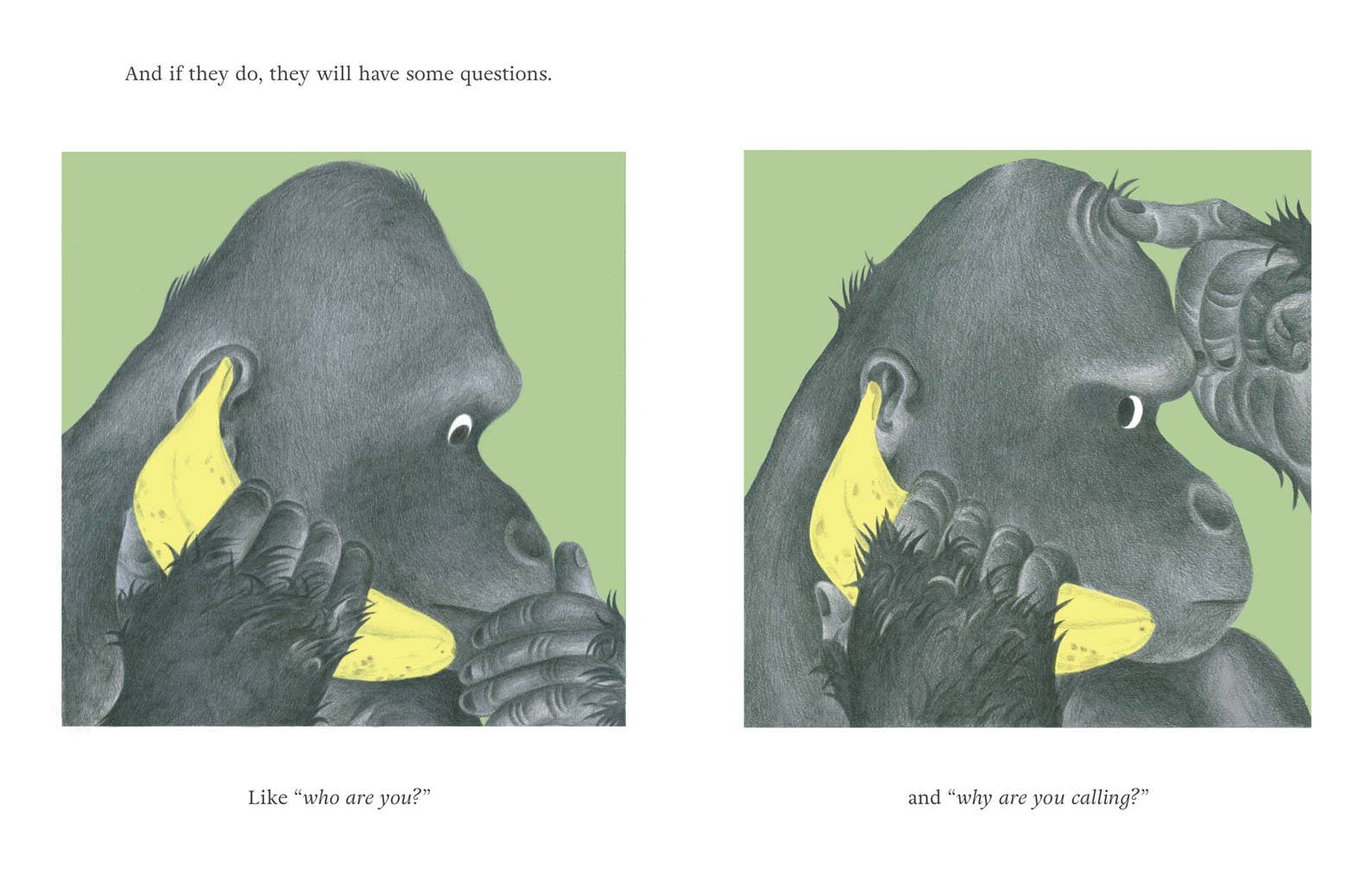 Illustration of a gorilla holding a yellow banana up to its ear like a telephone on a green background