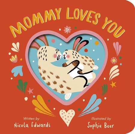 Book cover of 'Mommy Loves You' with two animals in a heart shape on a red background.