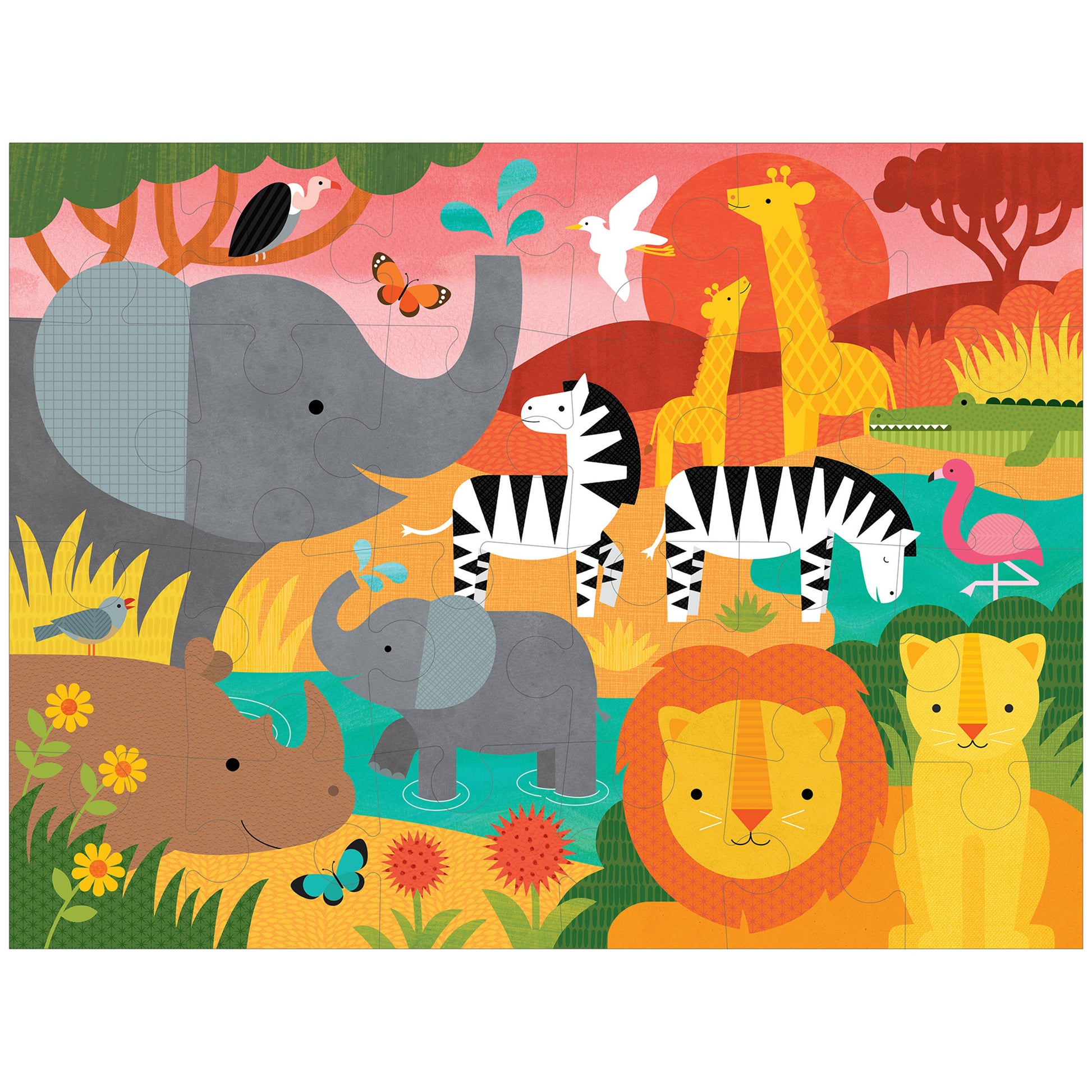 Children's puzzle with colorful illustrations of animals in a jungle setting