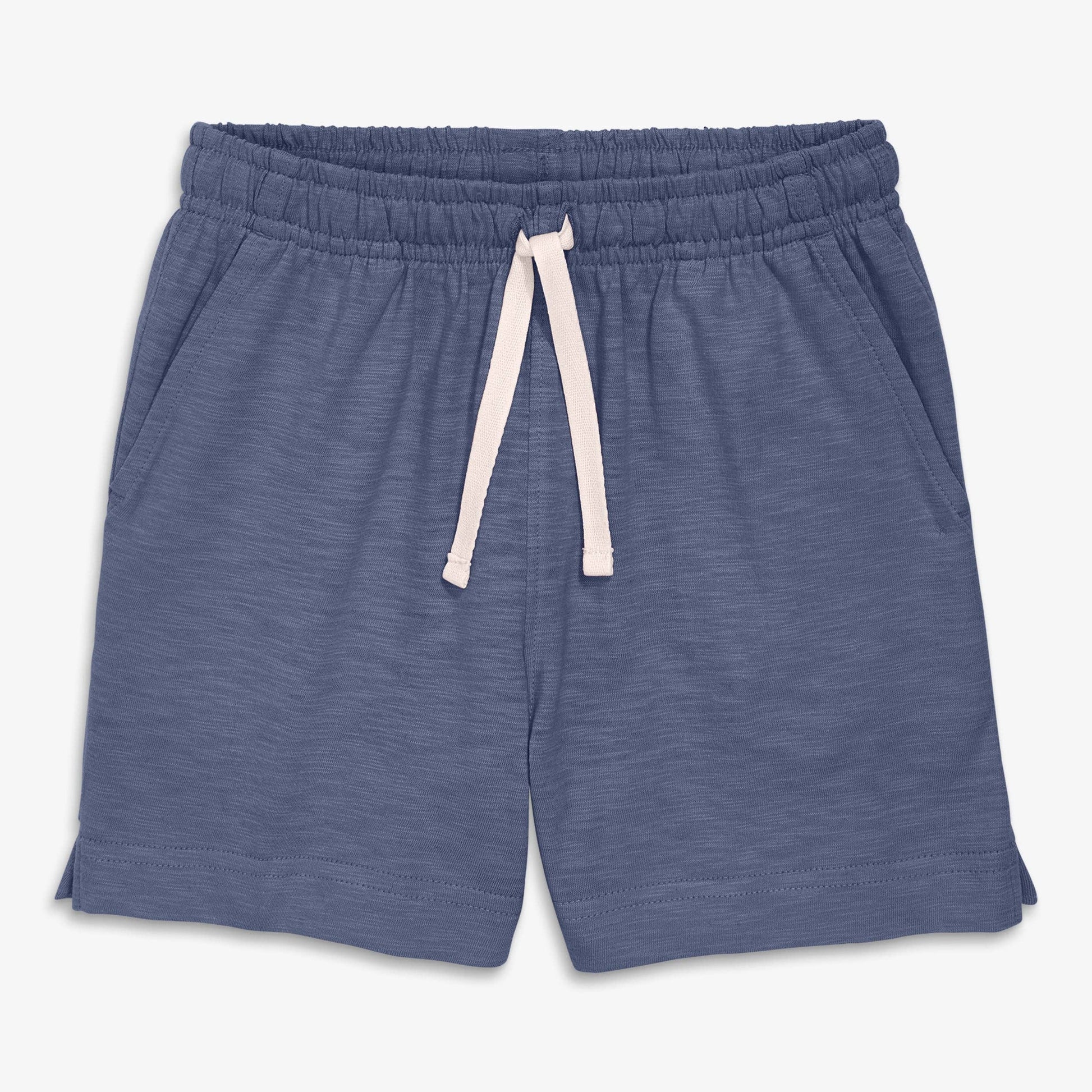 Blue shorts with a drawstring on a white background