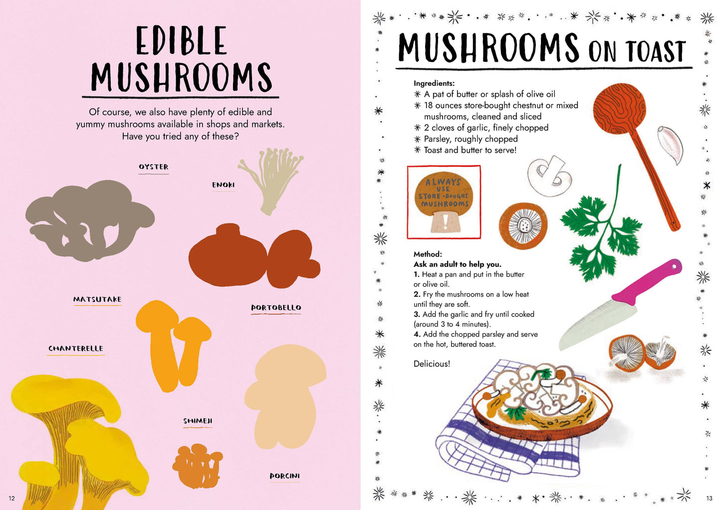 A two-panel educational poster about edible mushrooms. The left panel, on a pink background, shows different mushroom species with illustrations and names like chanterelle, shiitake, and porcini.