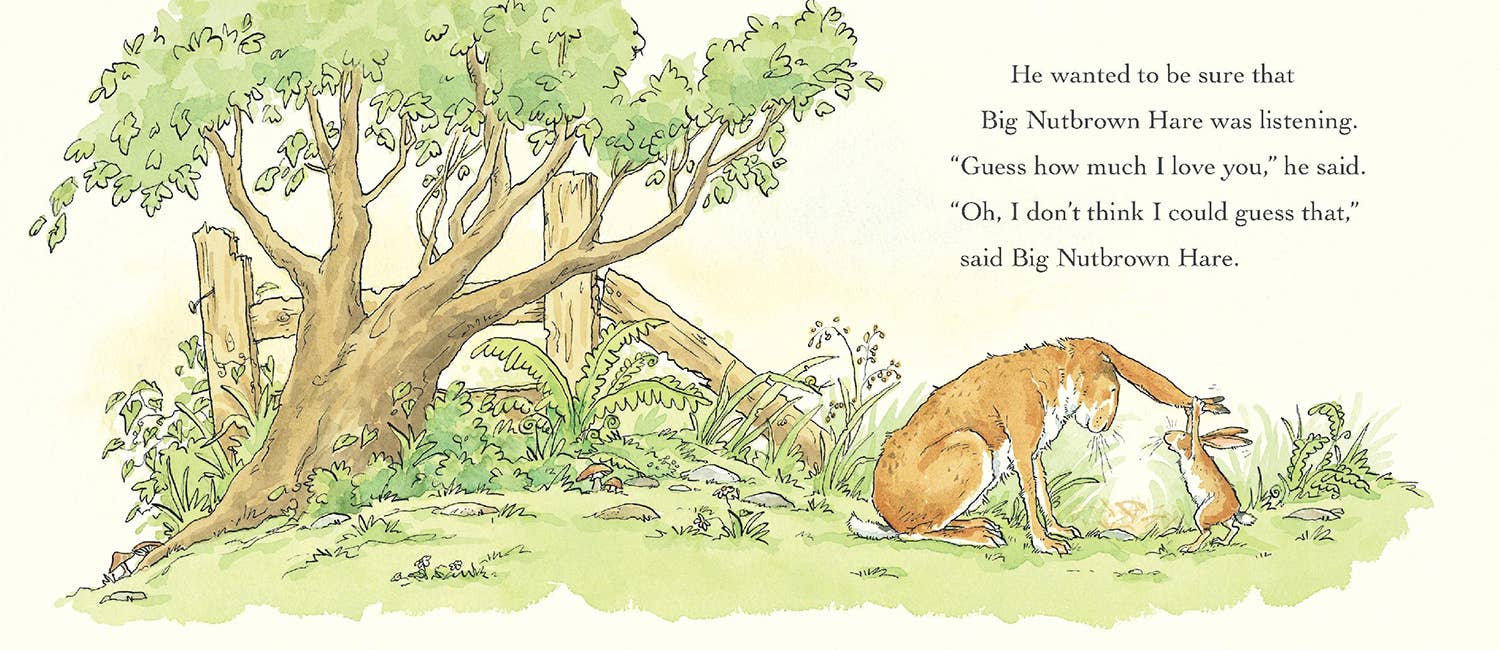 Illustration of a fox and rabbit under a tree with text about Big Nutbrown Hare.
