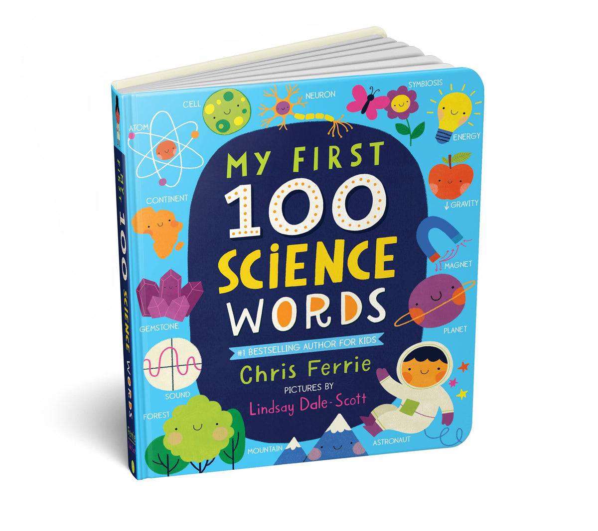 Children's book titled 'My First 100 Science Words' with colorful illustrations on a white background
