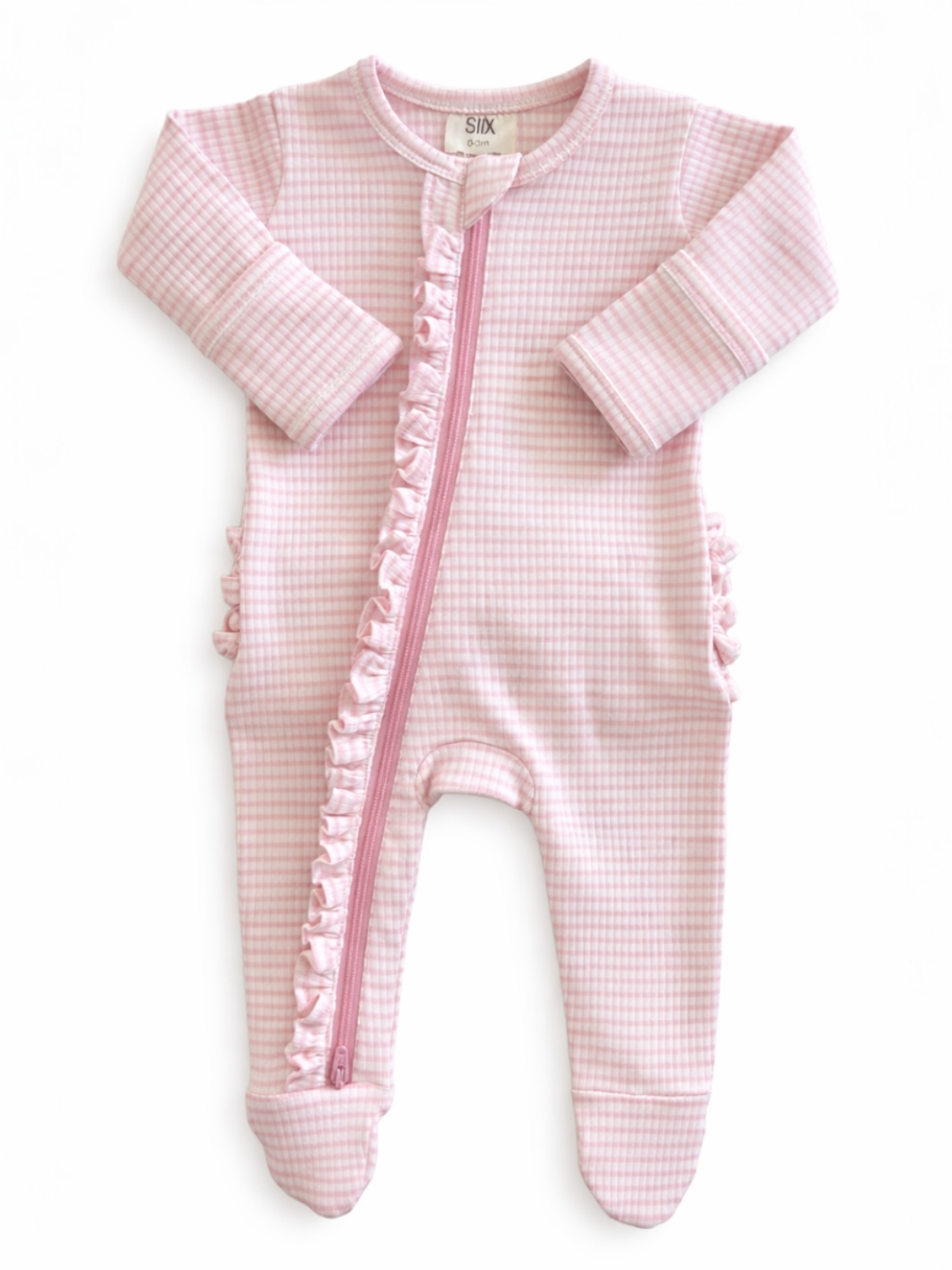 Pink Stripe Ribbed Frill Newborn Zip Pajama