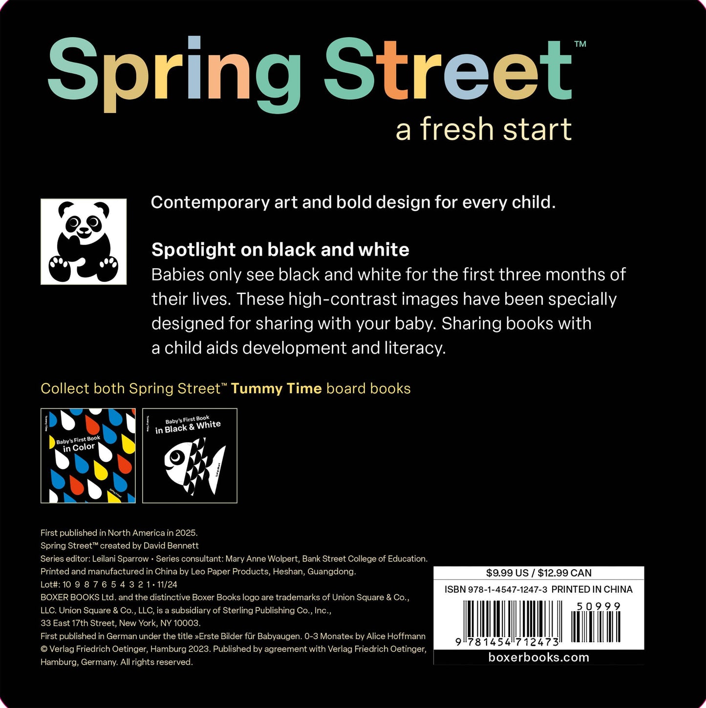 Back cover of Spring Street Tummy Time board books with text and a panda illustration.