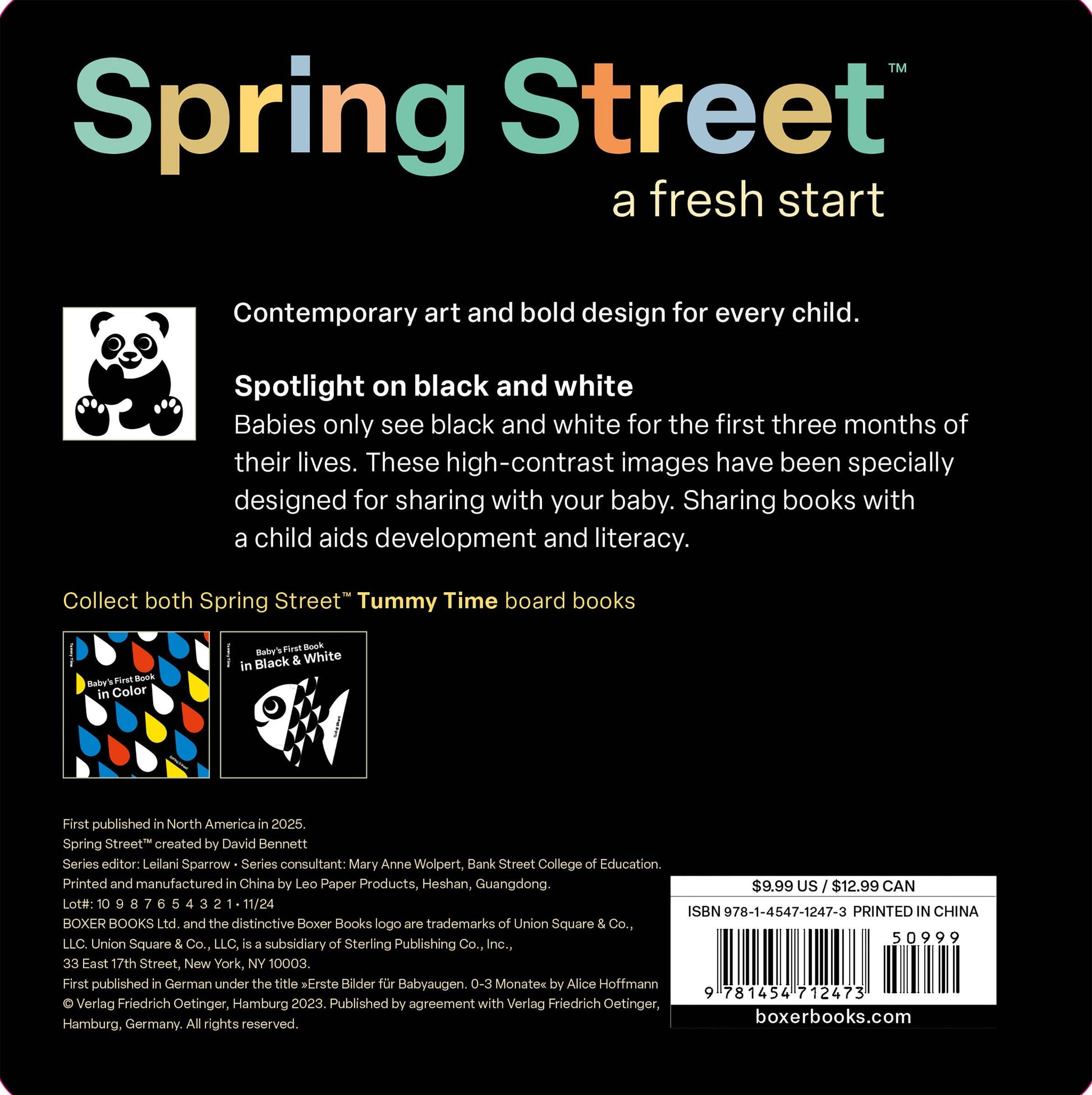 Back cover of Spring Street Tummy Time board books with text and a panda illustration.