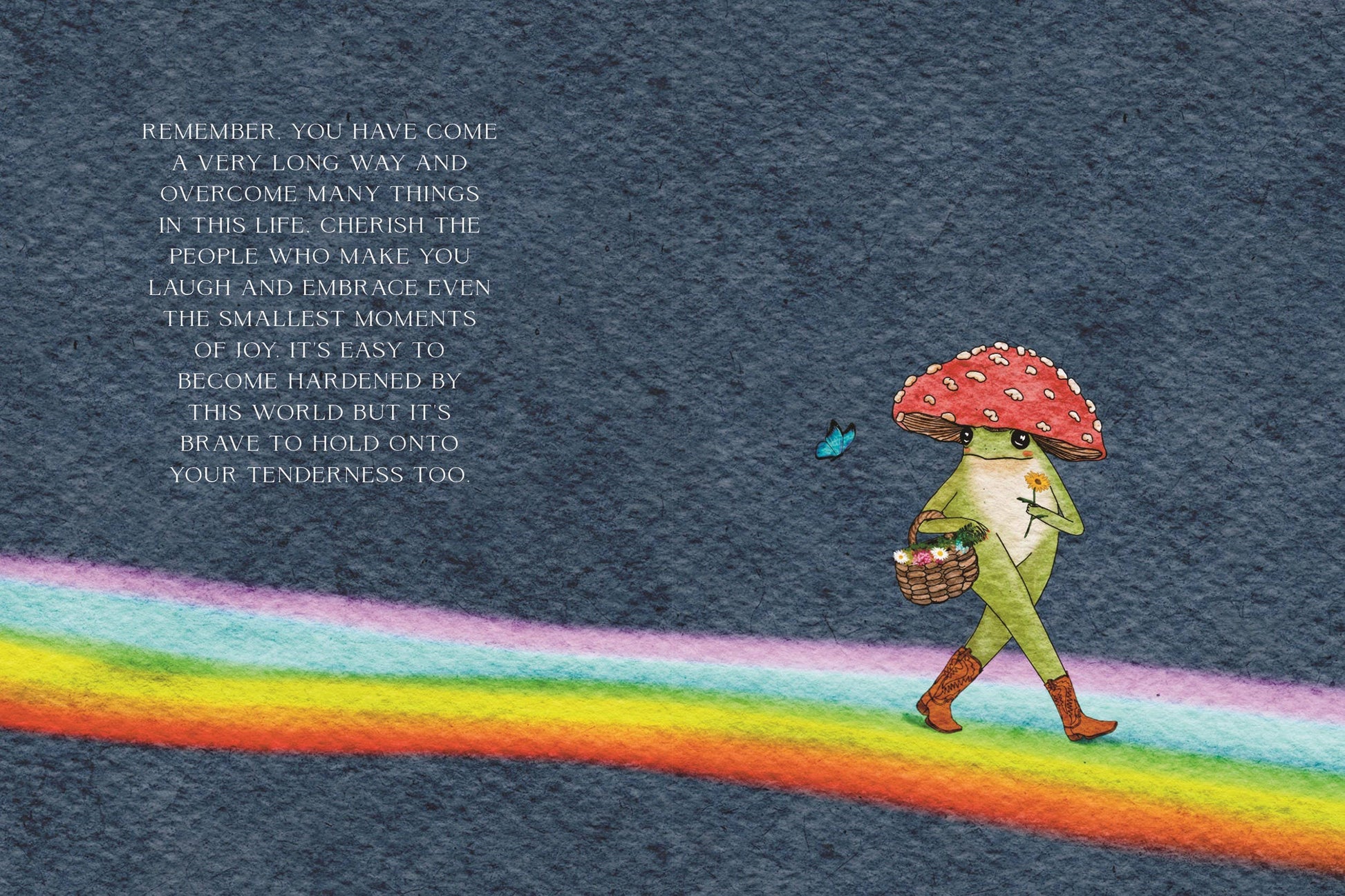 Illustration of a character with a mushroom hat walking on a rainbow, with text on a textured blue background.