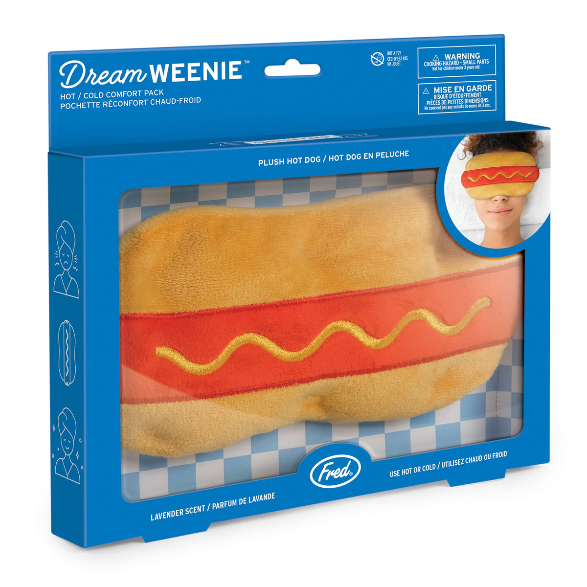 Dream Weenie plush hot dog comfort pack in packaging with blue lid