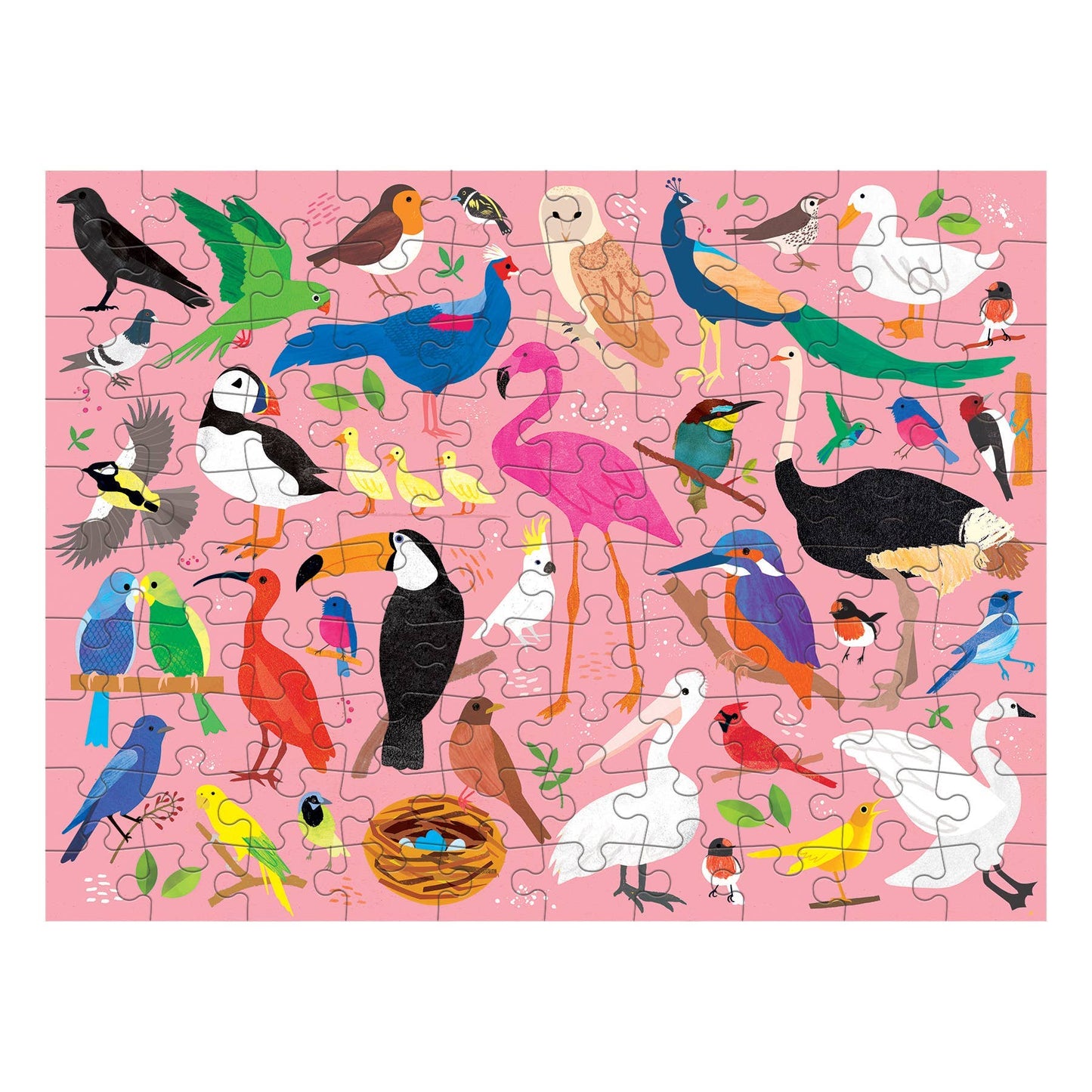 Bird-themed puzzle with various colorful birds on a pink background