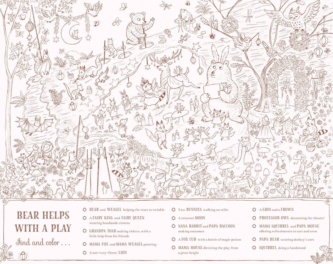 Illustrated scene with various animals and objects, likely from a coloring book or game.