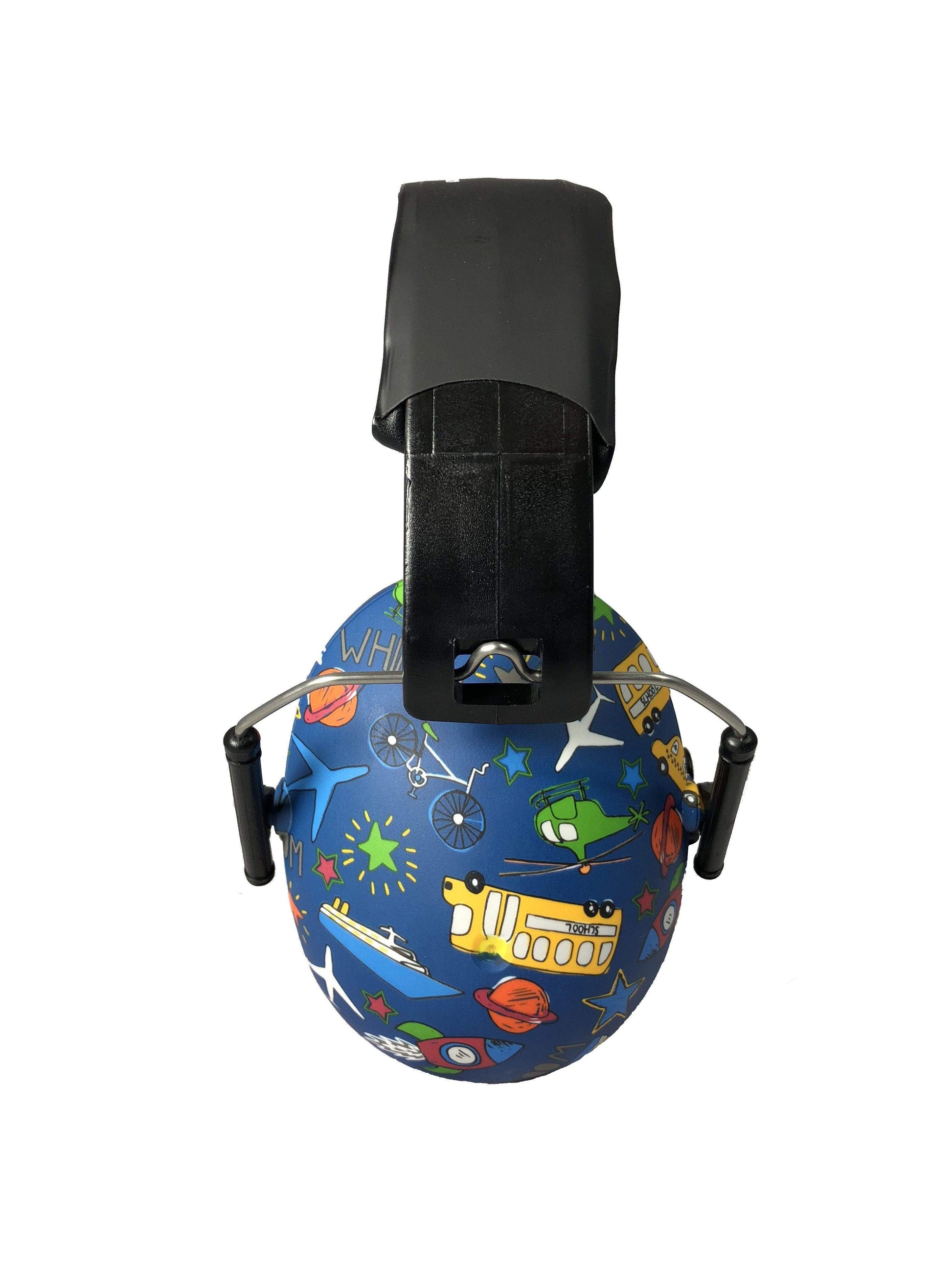 Children's blue ear protection with cartoon designs on a white background