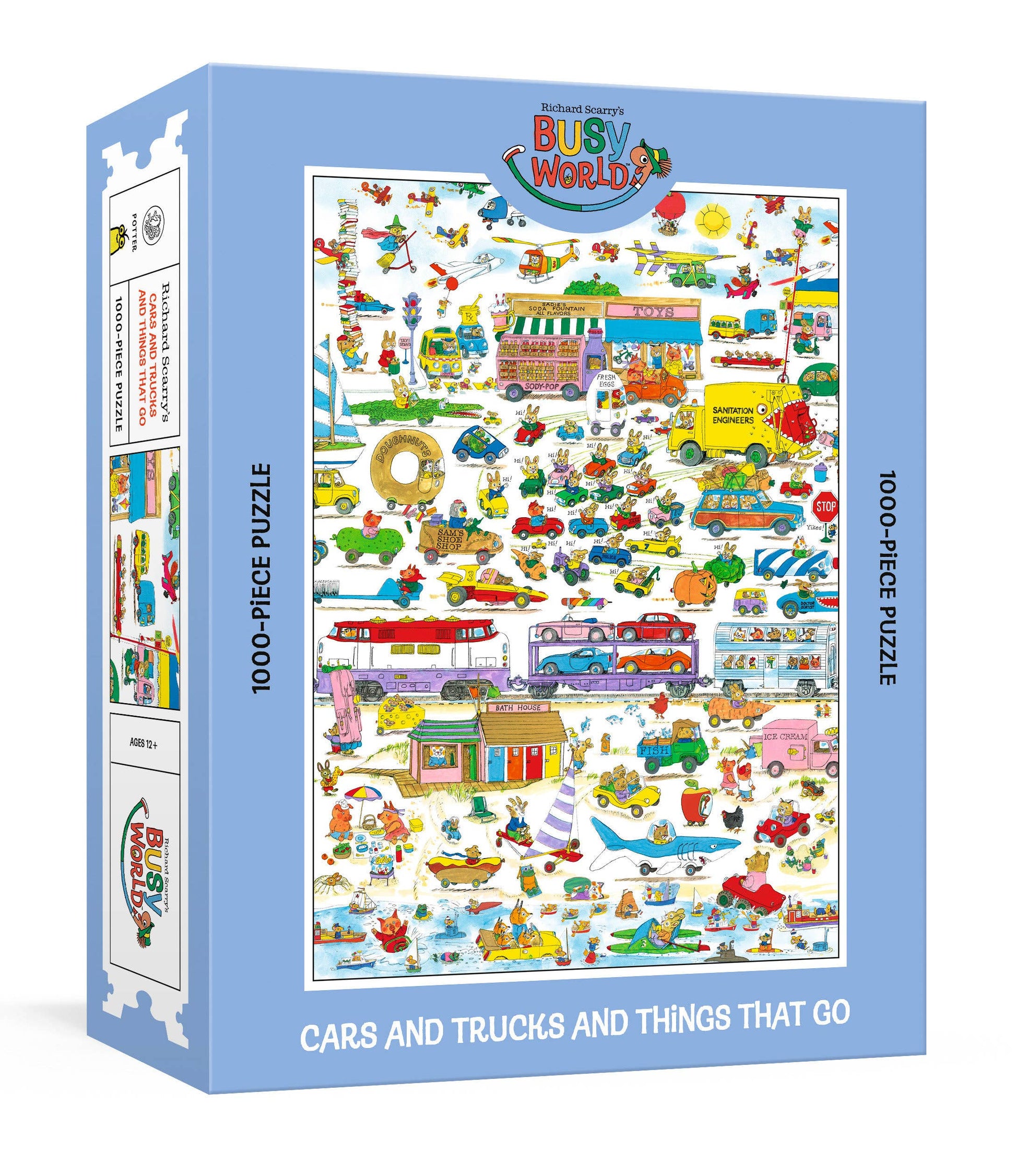 Puzzle box with colorful illustrations of cars, trucks, and other vehicles on a blue background