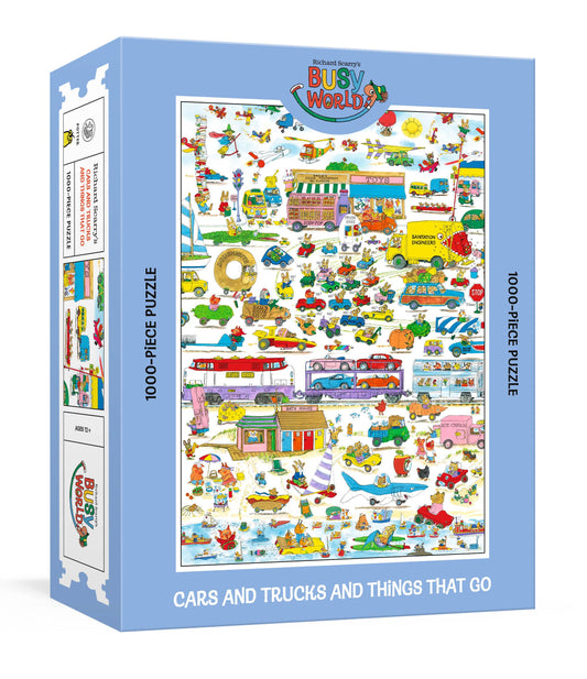Puzzle box with colorful illustrations of cars, trucks, and other vehicles on a blue background