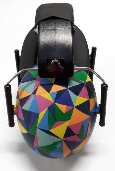 Colorful geometric-patterned ear protection device on a white background