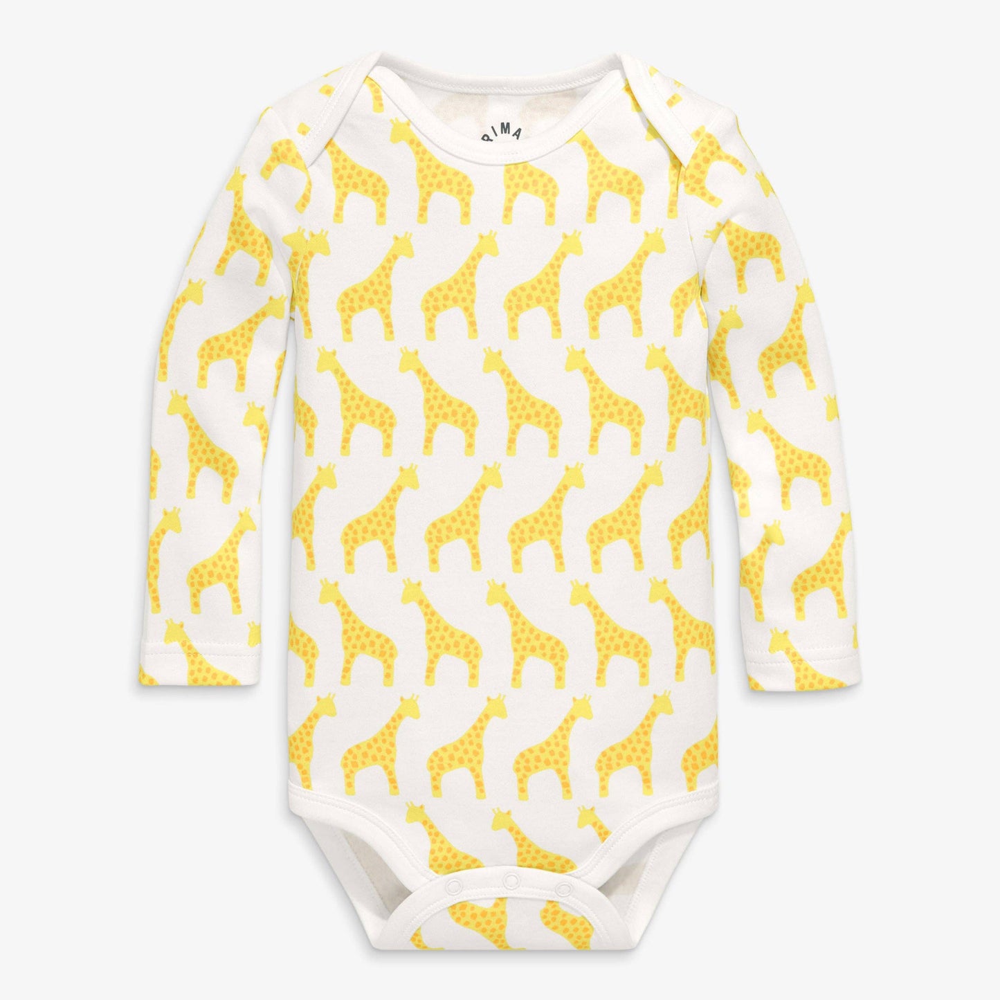 Baby onesie with yellow giraffe pattern on a white background