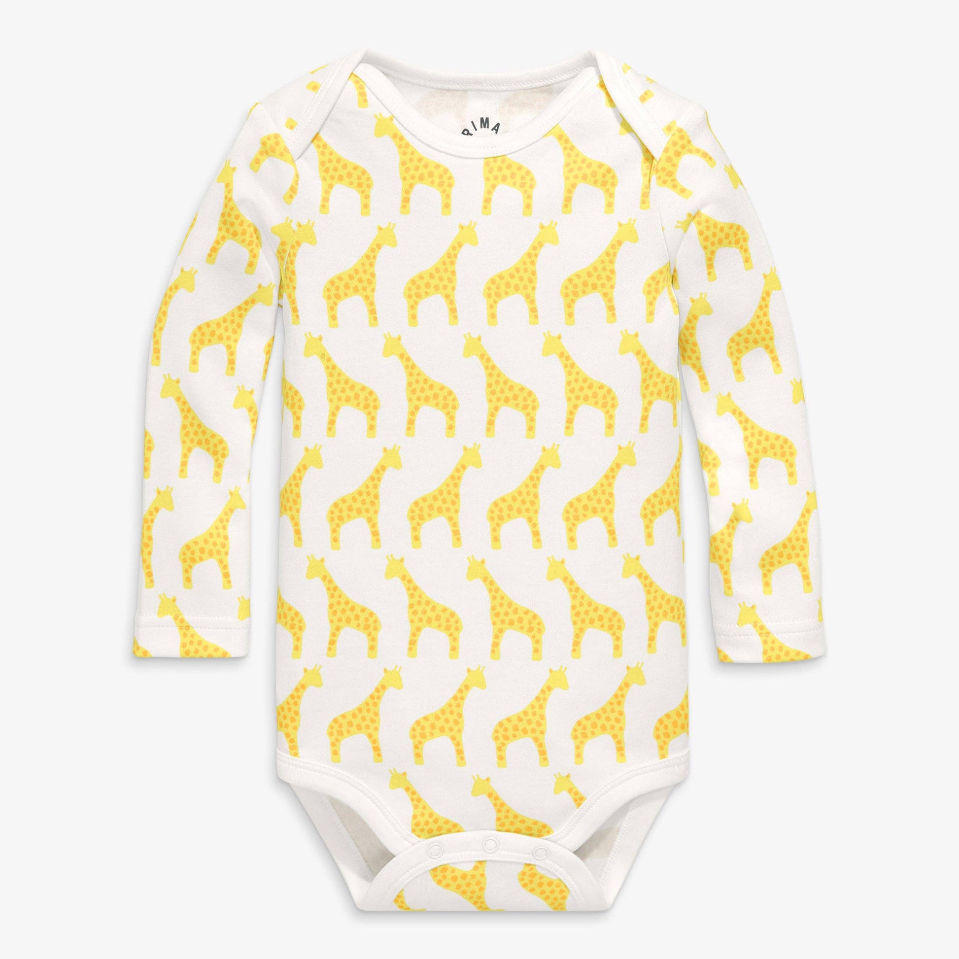 Baby onesie with yellow giraffe pattern on a white background