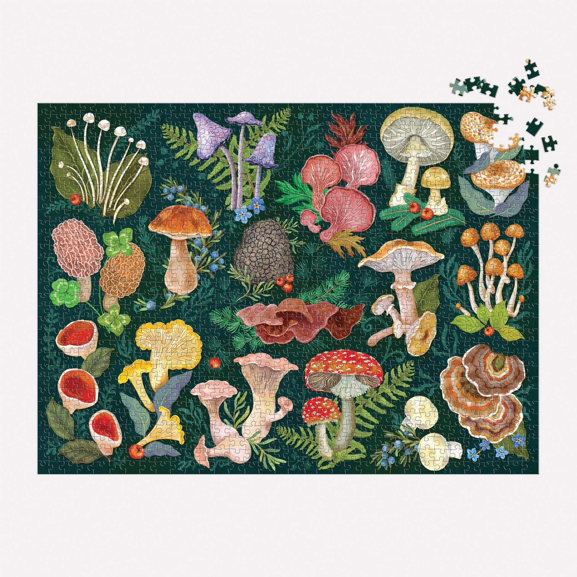 Jigsaw puzzle with colorful mushroom and leaf design on a dark green background