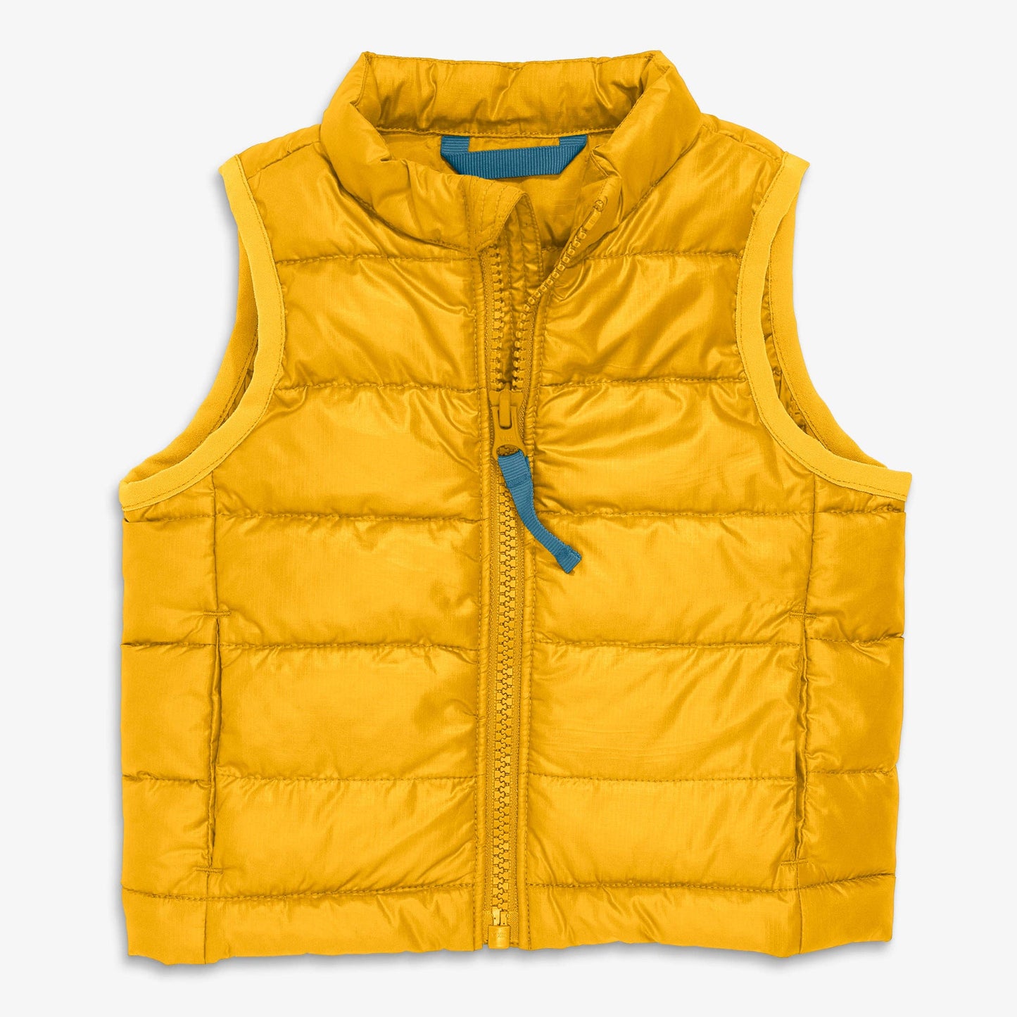 Yellow puffer vest with a blue zipper on a white background