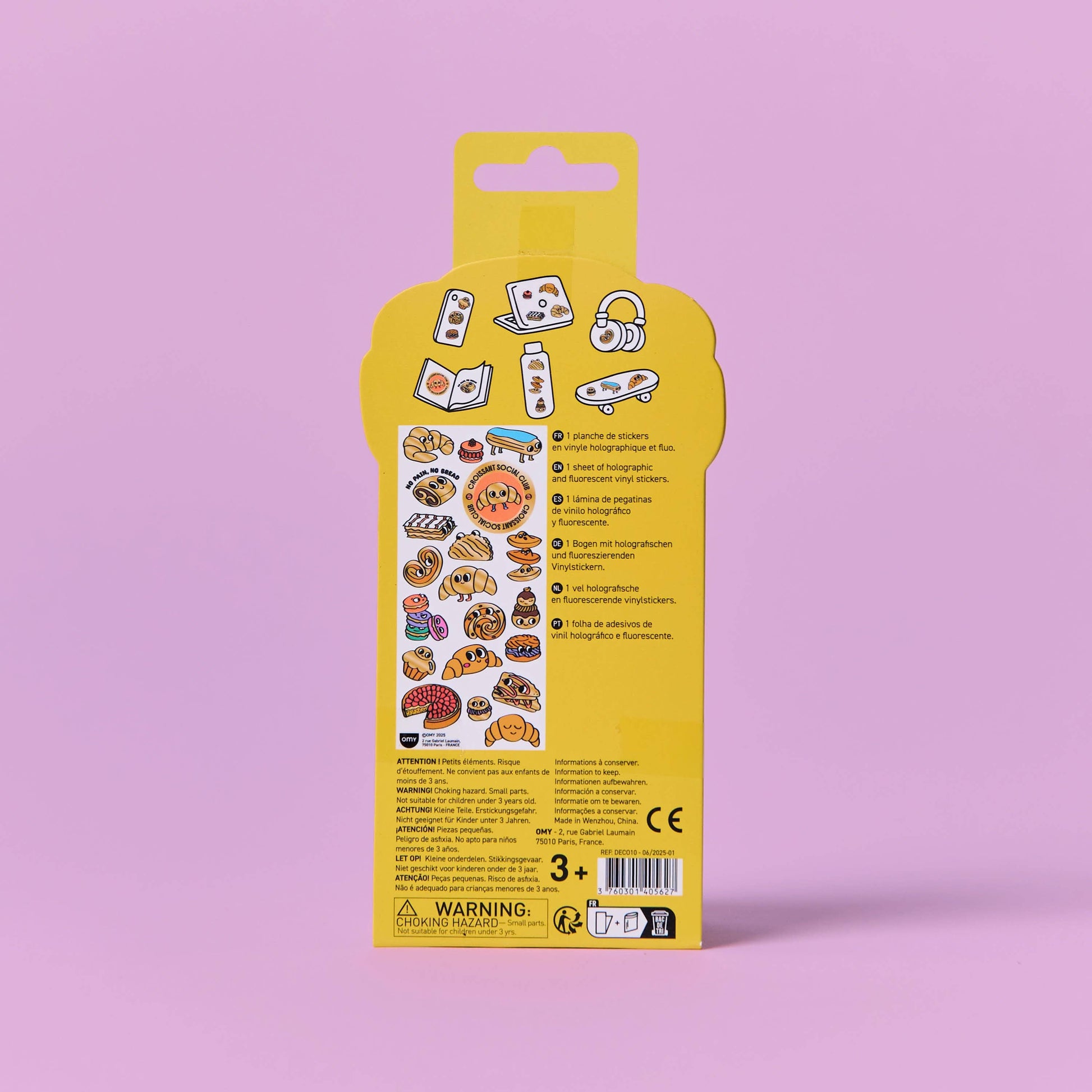 Yellow packaging with cartoon illustrations on a pink background