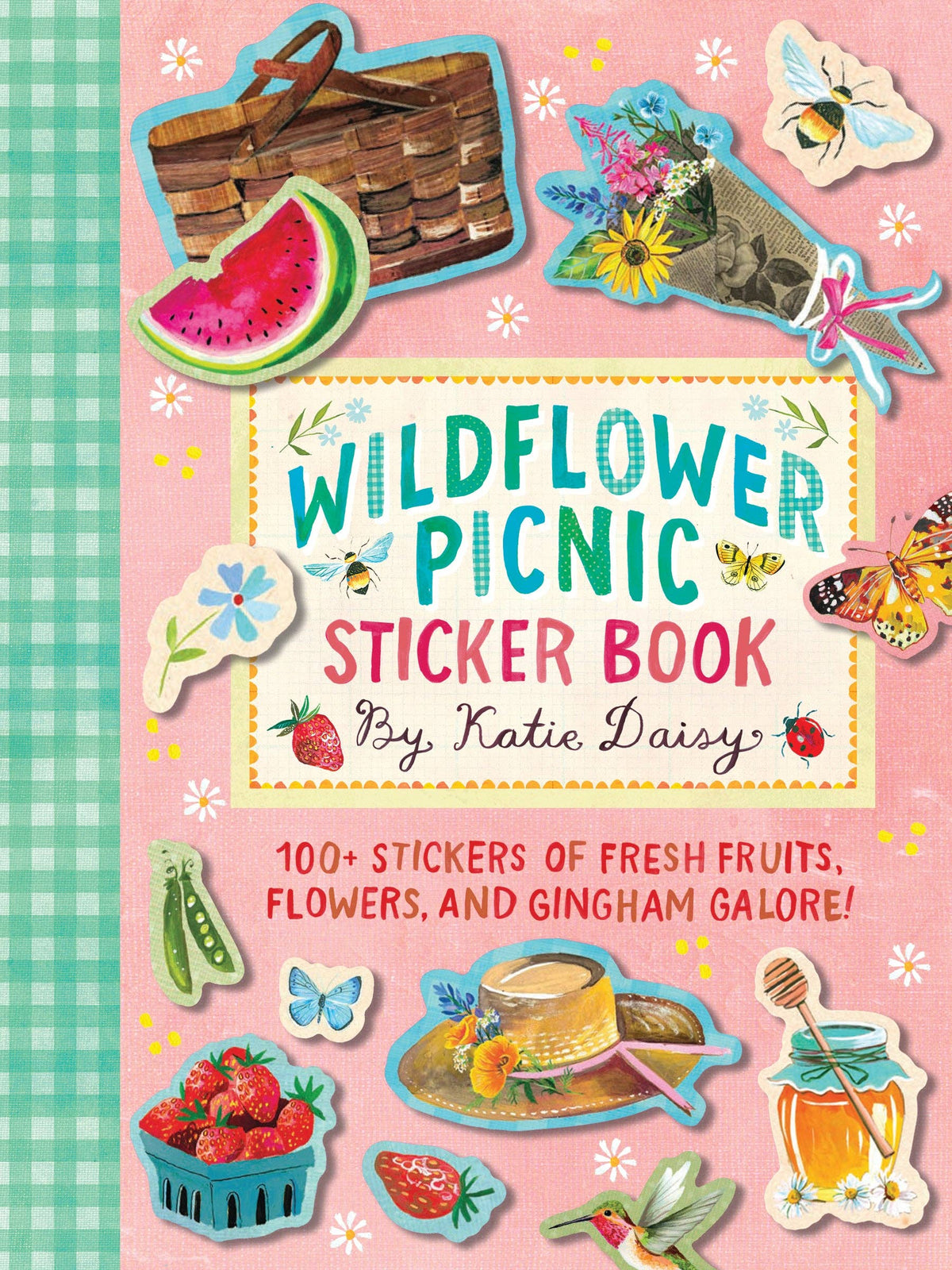 Sticker book cover with picnic-themed stickers and text 'Wildflower Picnic Sticker Book' by Katie Daisy.