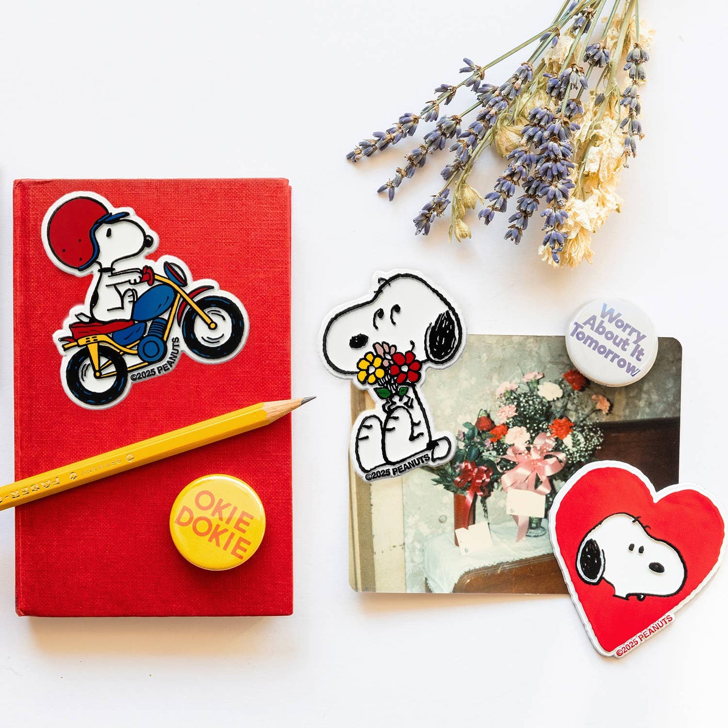 Red notebook with Snoopy stickers and magnets on a white background