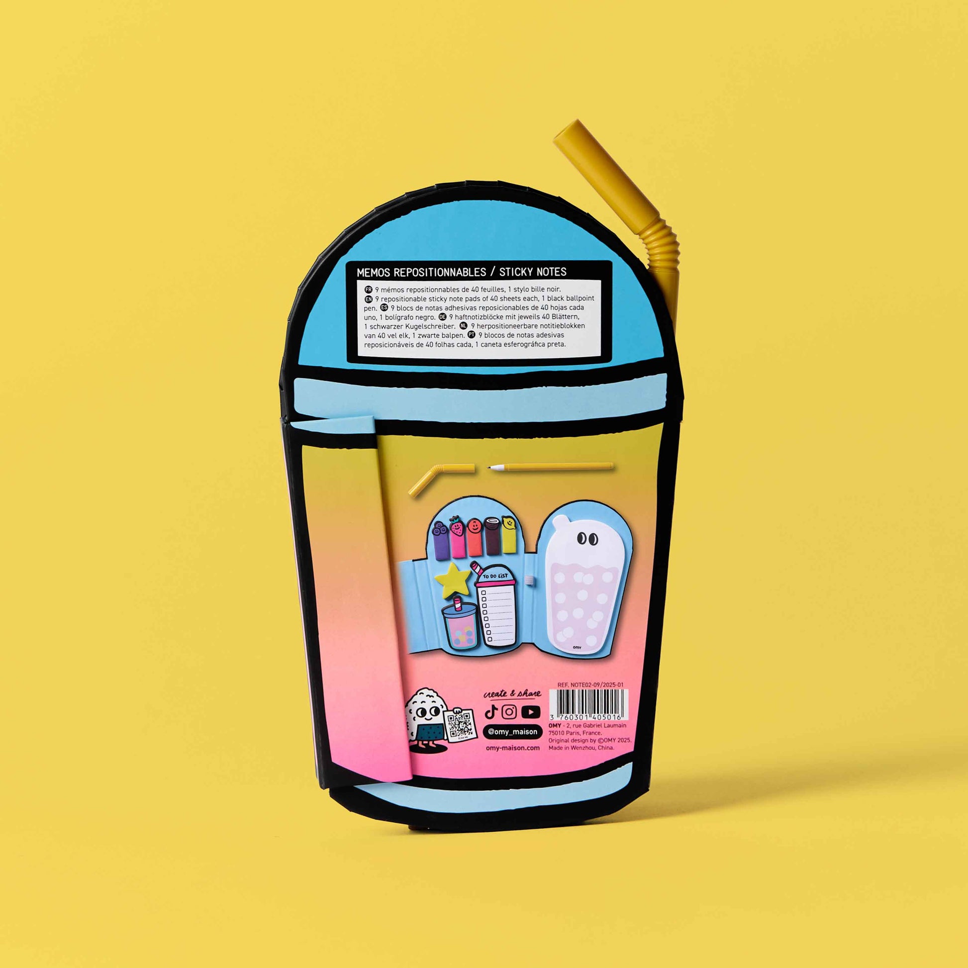 Colorful stationery set shaped like a boba tea cup on a yellow background