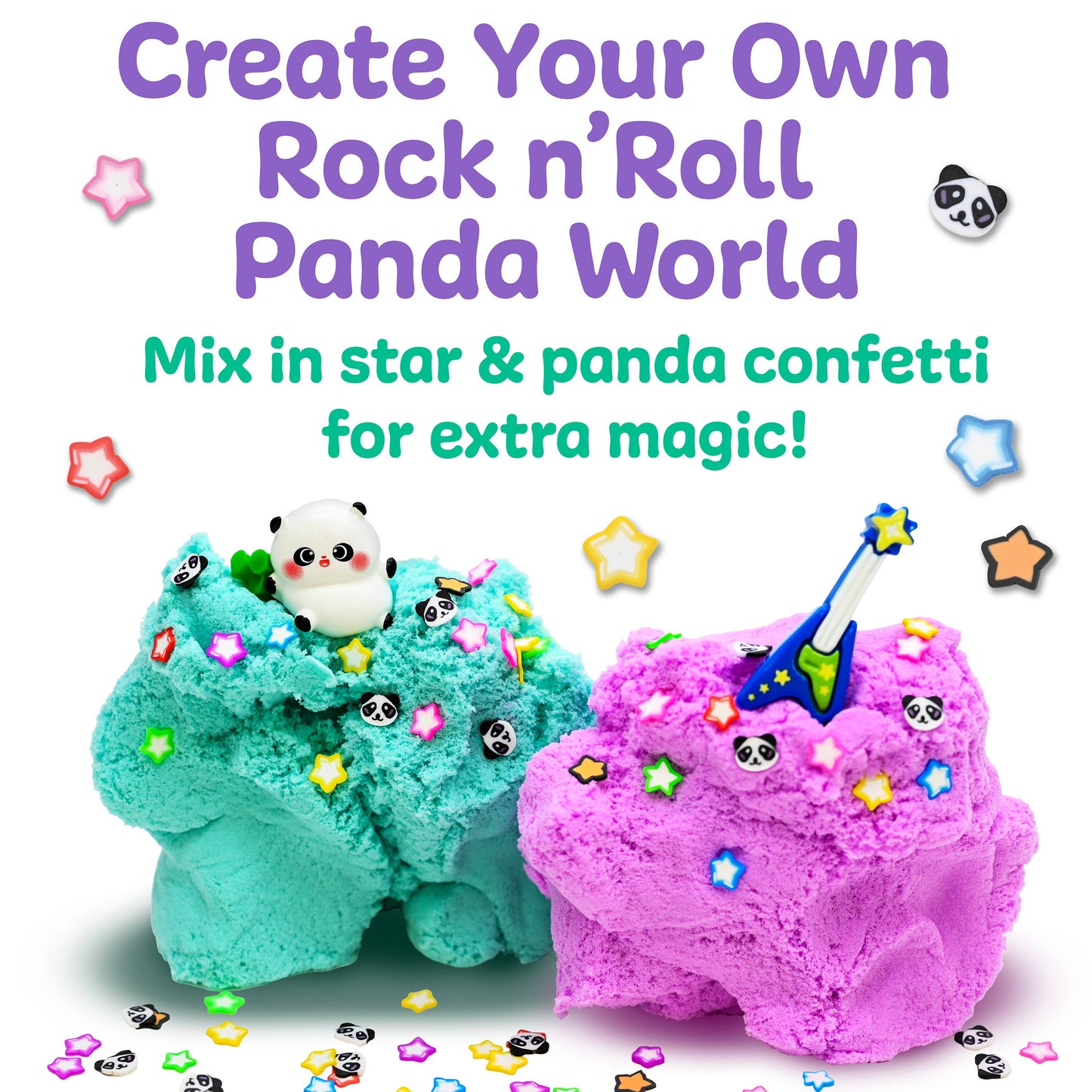 Two colorful panda-themed playdoughs with confetti on a white background