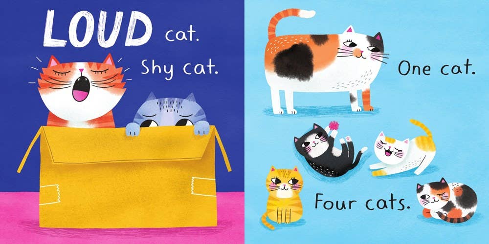 A children's book or poster-style illustration with two panels. The left panel shows a cartoon orange cat popping out of a yellow box with the words 'LOUD cat.