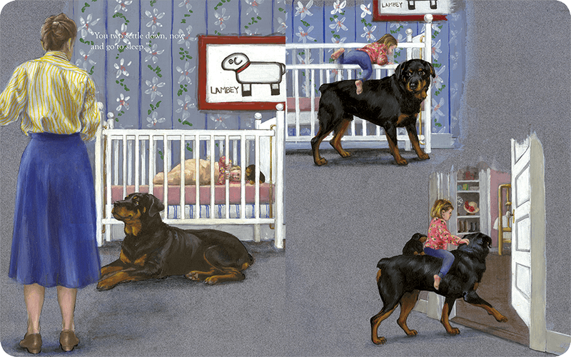 Illustration of a room with people, dogs, and children interacting.