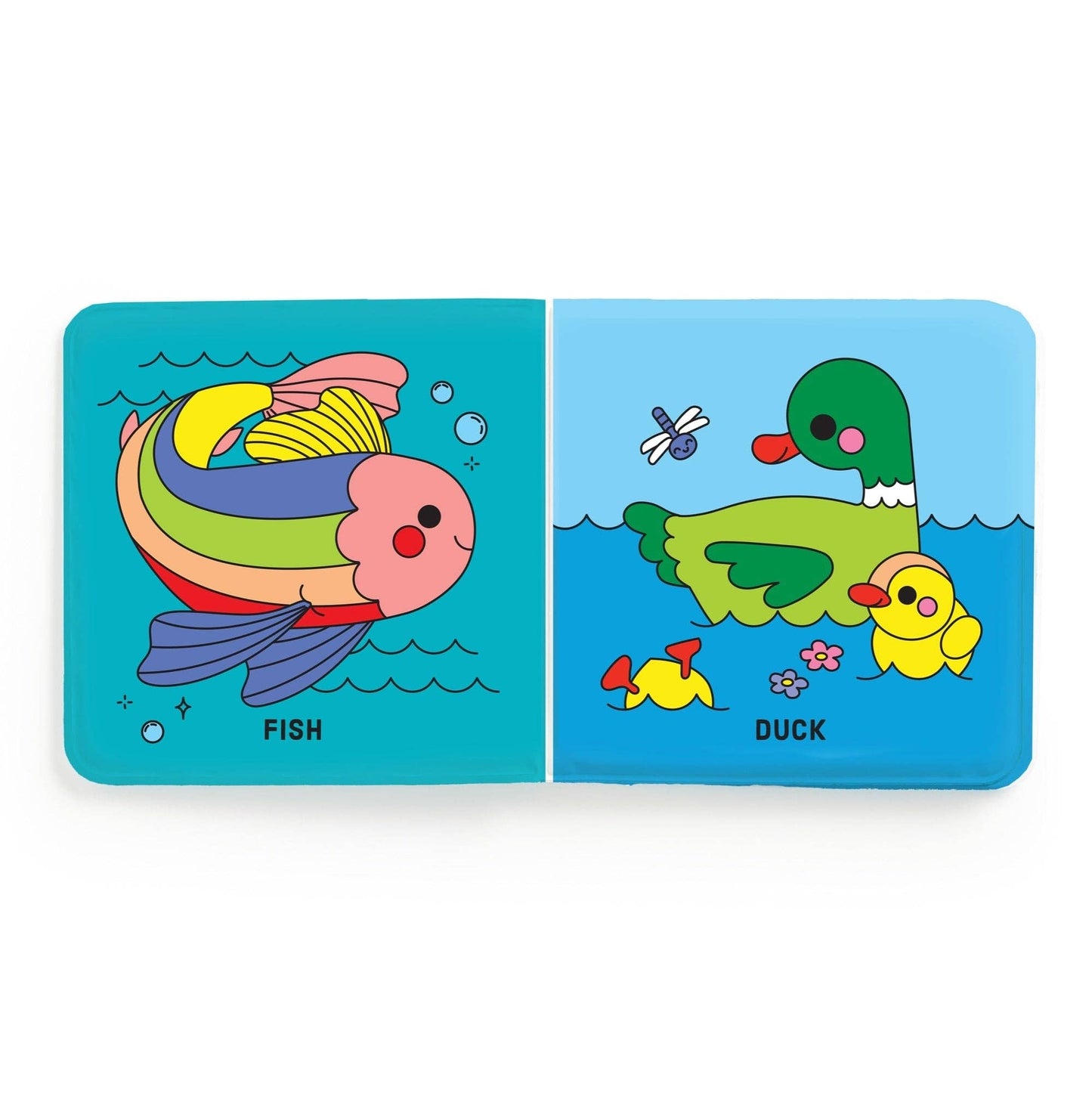 Children's book with illustrations of a fish and a duck on blue pages.