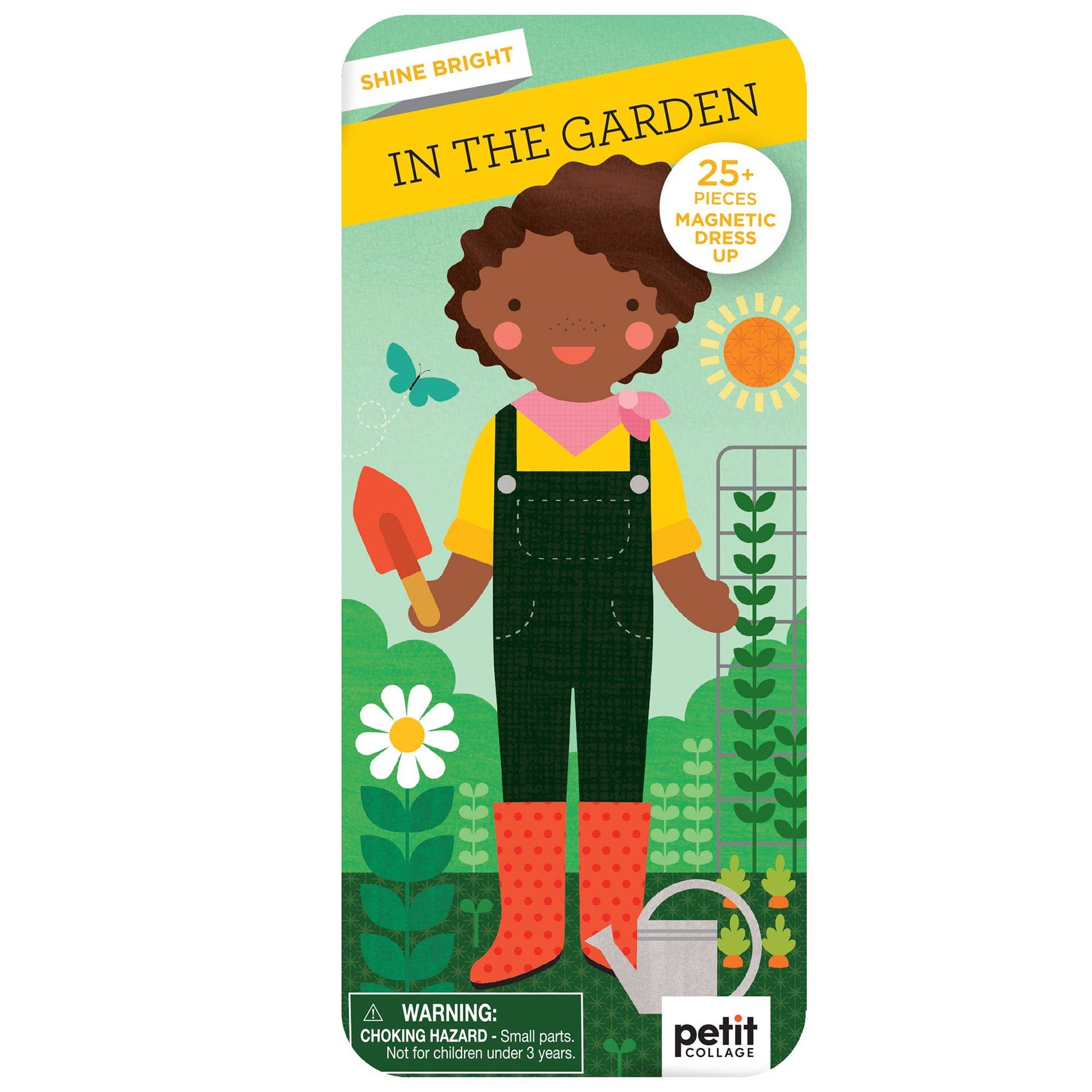 Metal case packaging for a child's playset titled 'In the Garden' with a girl character holding a tool.