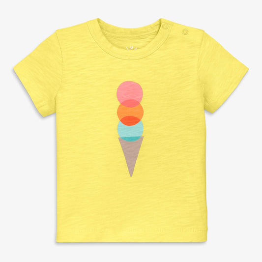 Yellow t-shirt with ice cream cone design on a white background