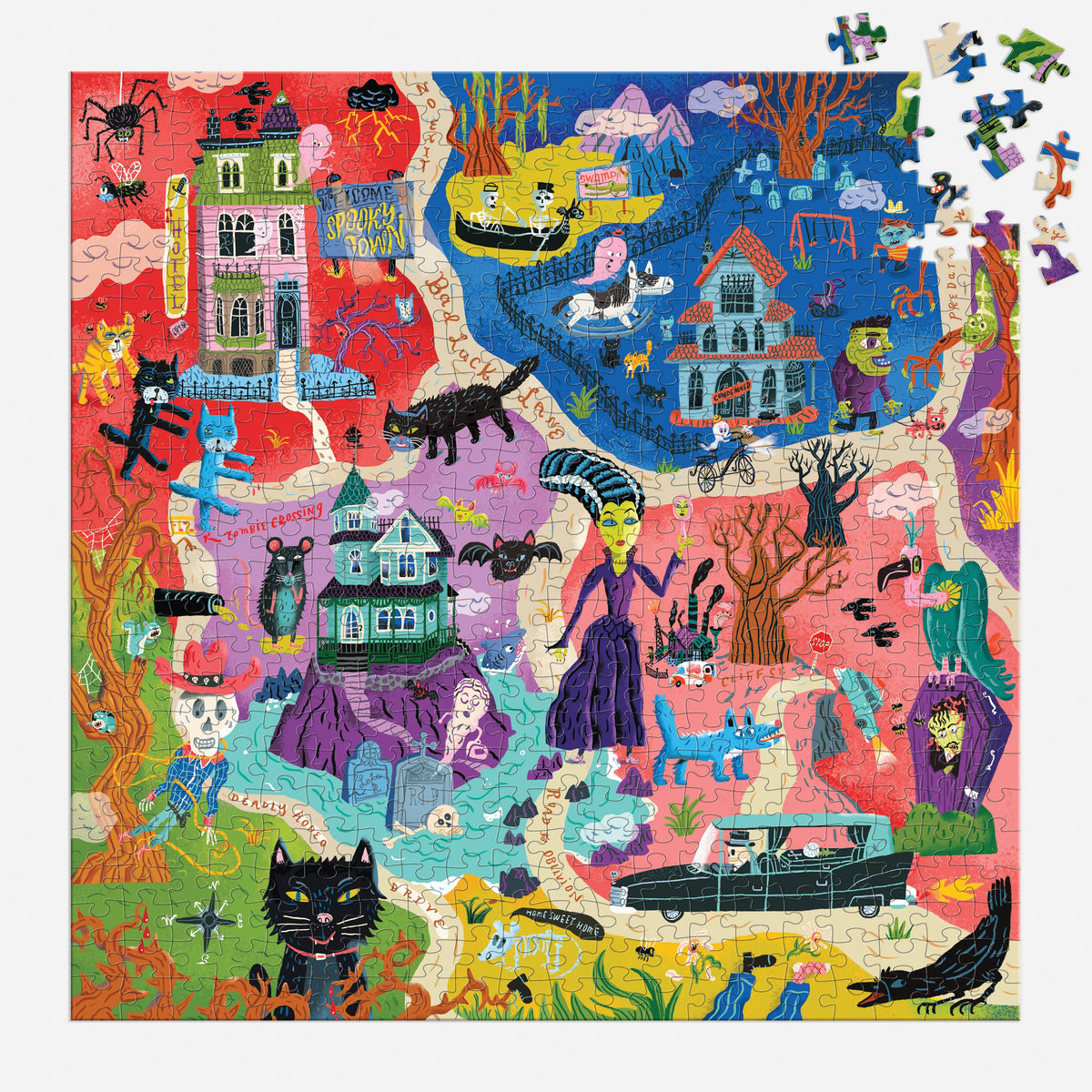 Colorful Halloween-themed puzzle with various characters and elements.