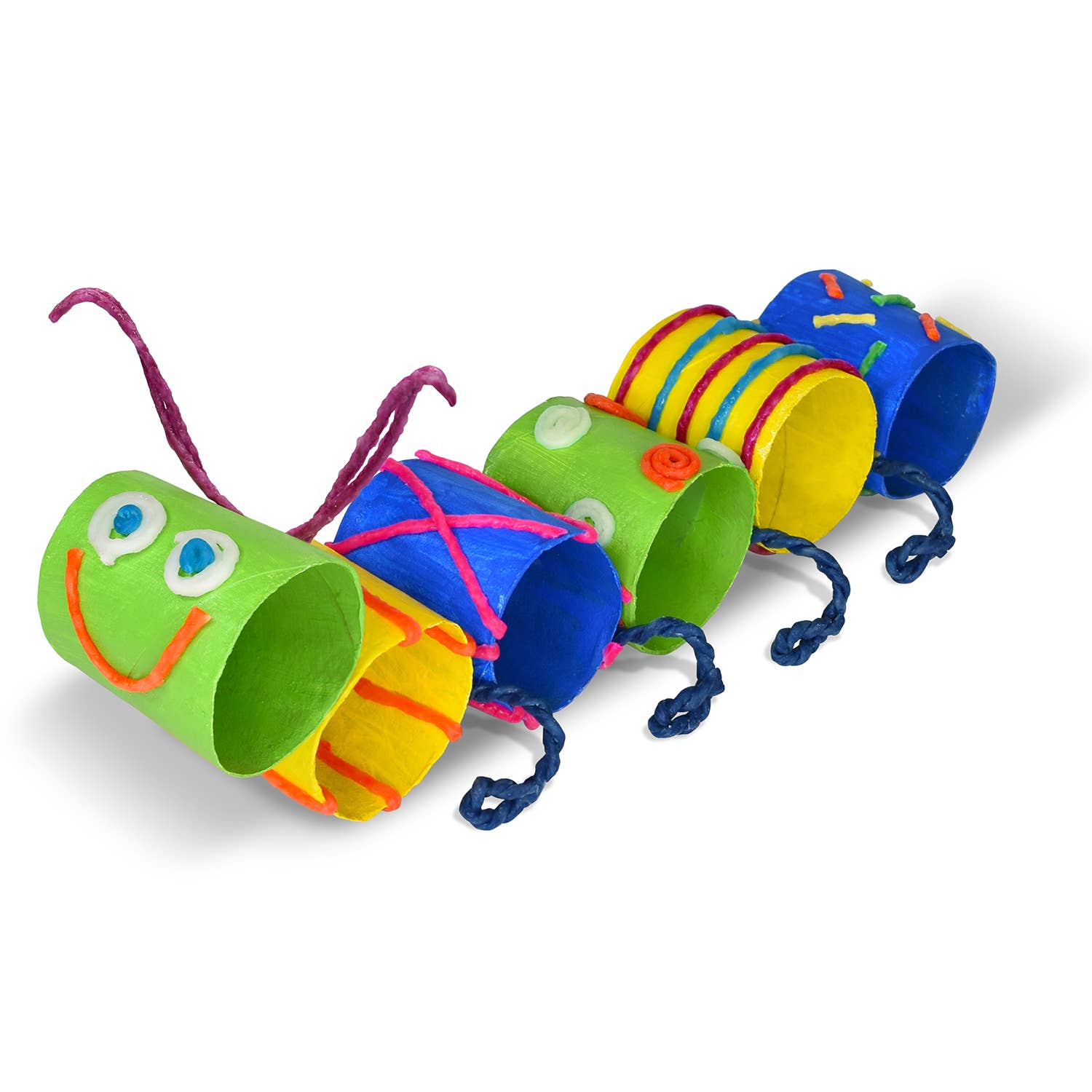 Colorful caterpillar made from paper rolls on a white background