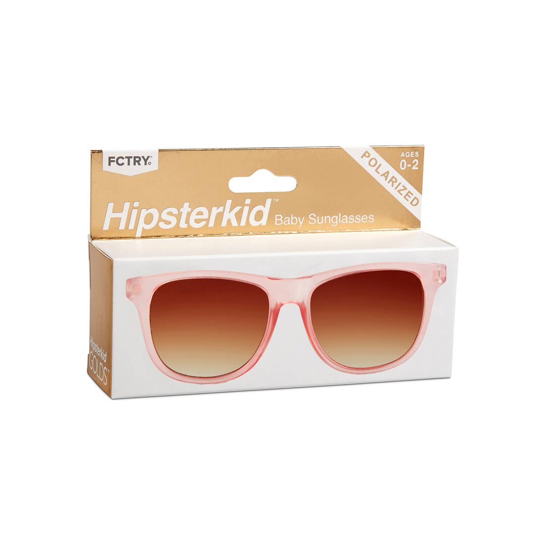 Hipsterkid baby sunglasses packaging with pink gradient lenses on a white background