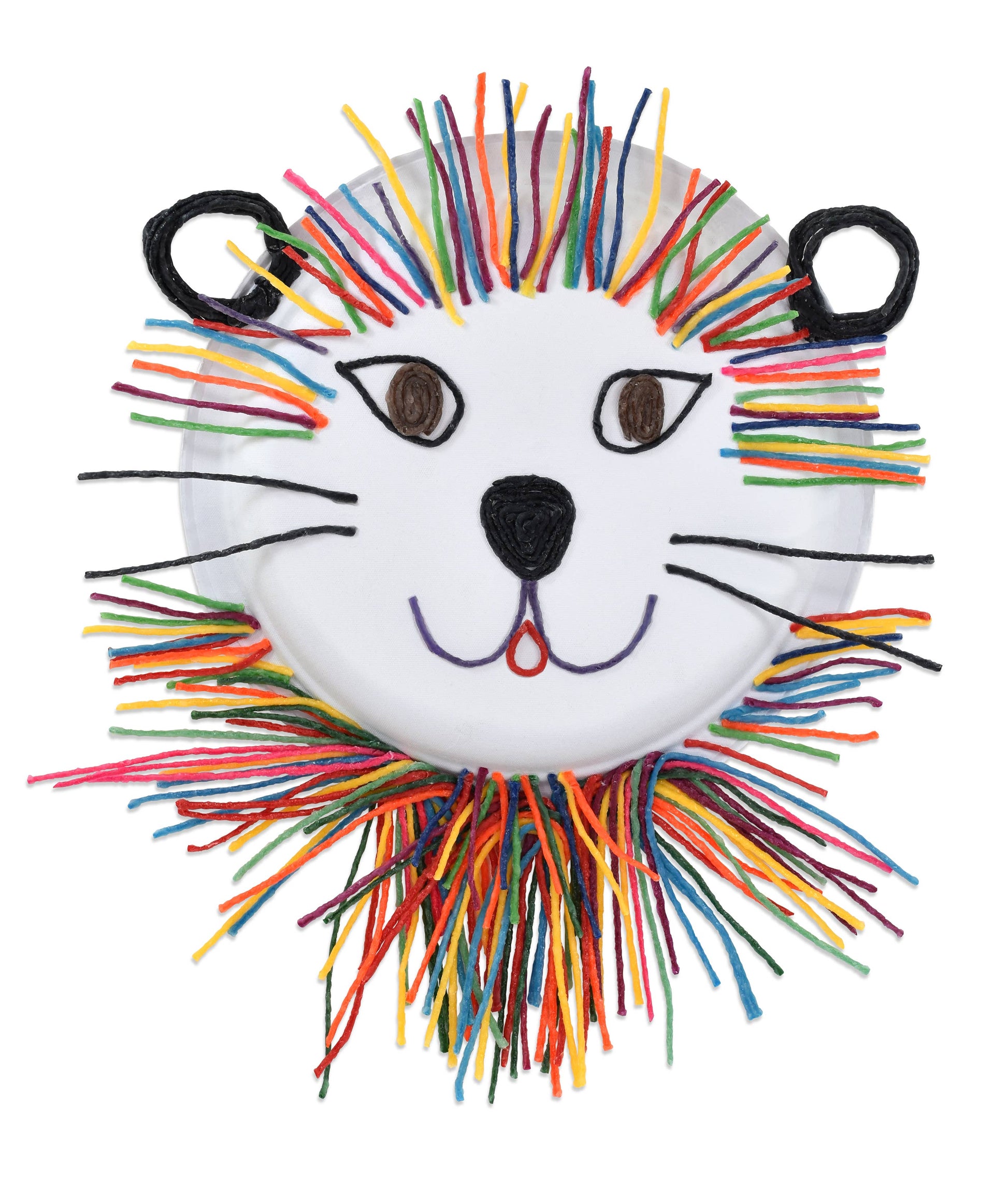 Colorful lion head decoration made from straws on a white background