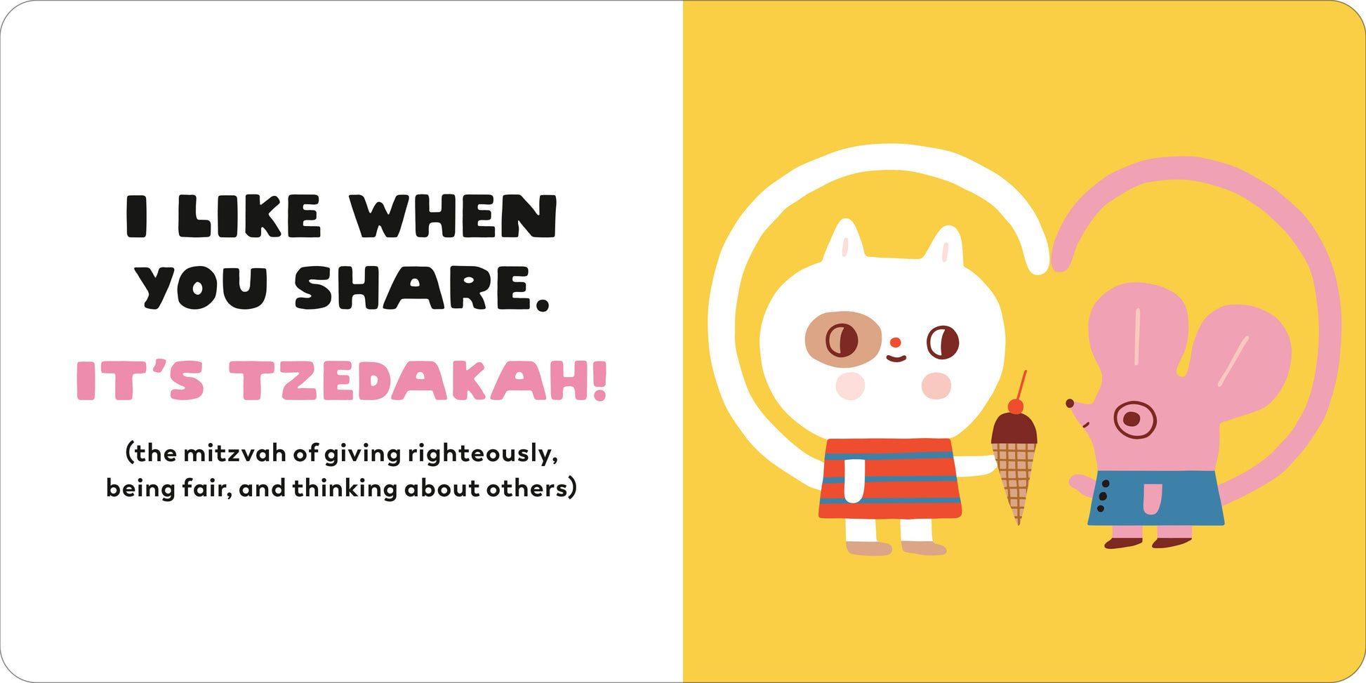Children's book page with cartoon characters and text about sharing and tzedakah.