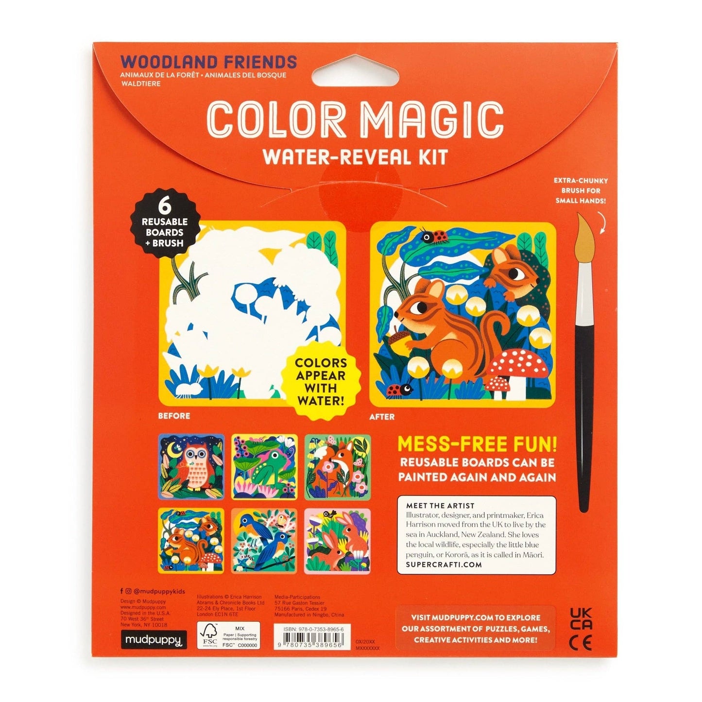 Color Magic Water-Reveal Kit packaging with woodland animals on an orange background